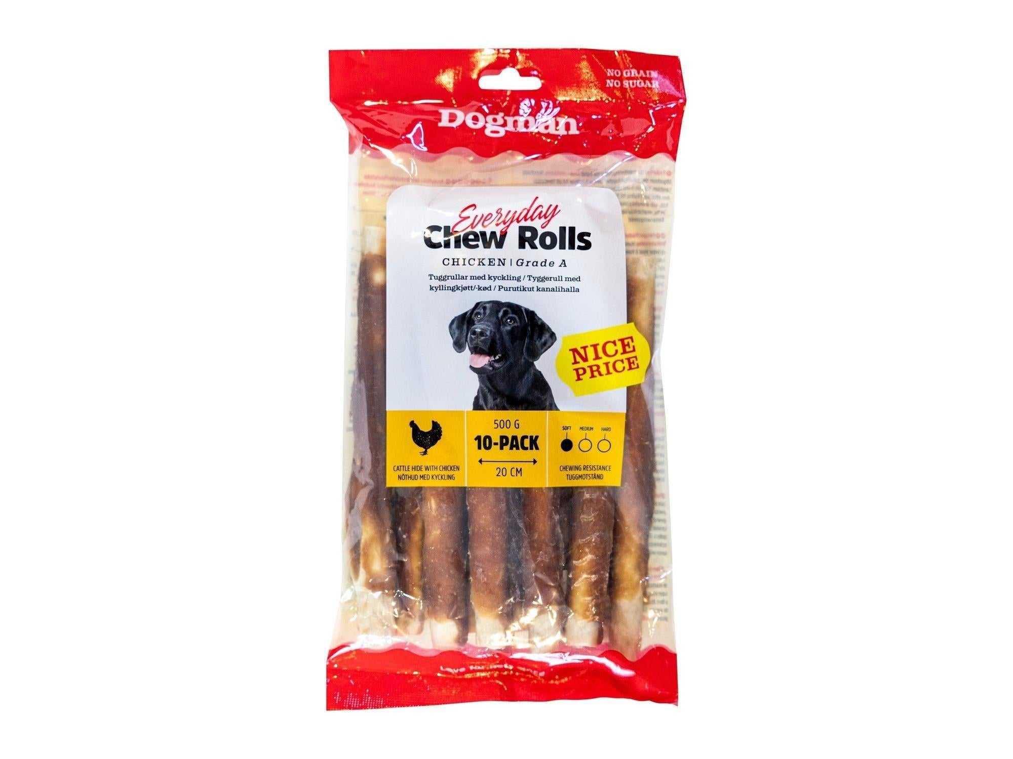 Dogman Everyday Chew Rolls kylling hundetygg, 10-pakning, 20 cm lange, i rød og klar emballasje.