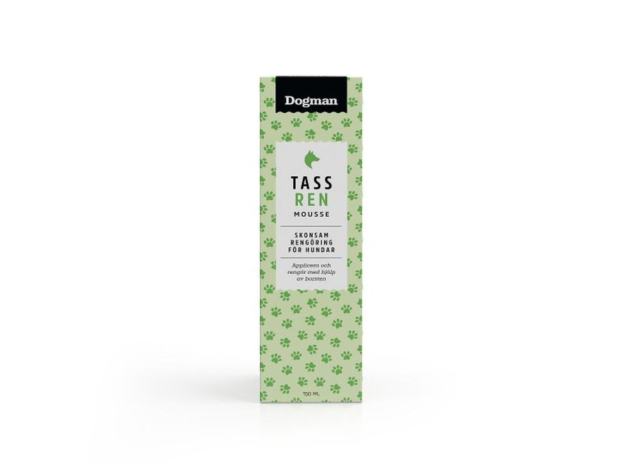Dogman Tass Ren Mousse 150ml for hund, grønn flaske med potetrykk.