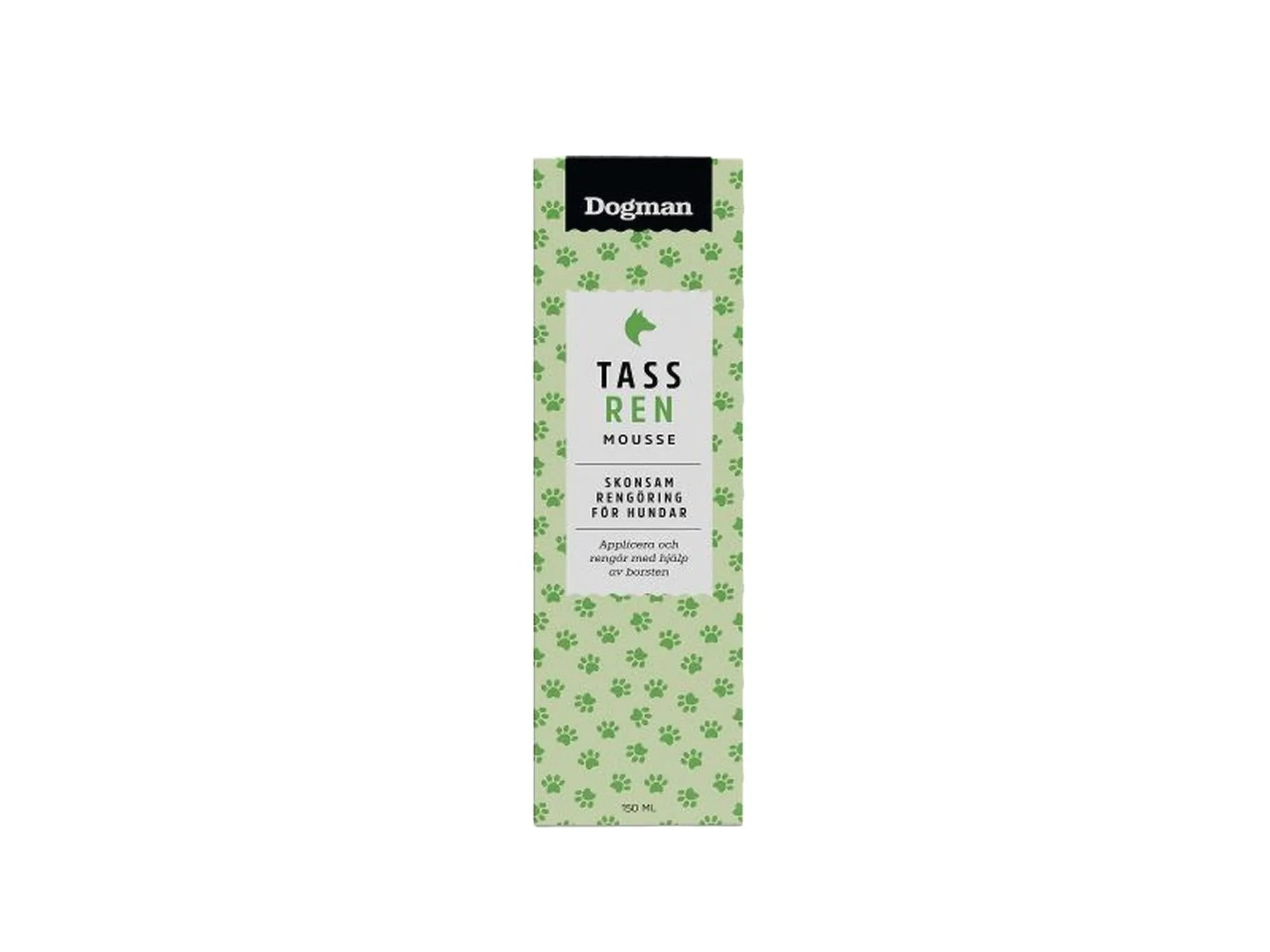 Dogman Tass Ren Mousse 150ml for hund, grønn flaske med potetrykk.