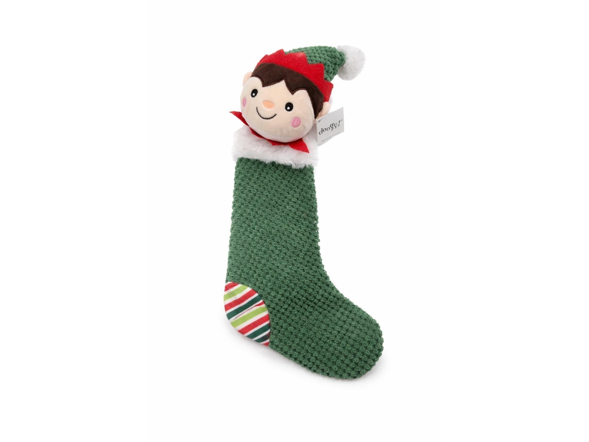 Doogy Christmas plysj alvestrømpe 45 cm, grønn strikket med rødt og hvitt alvehode.