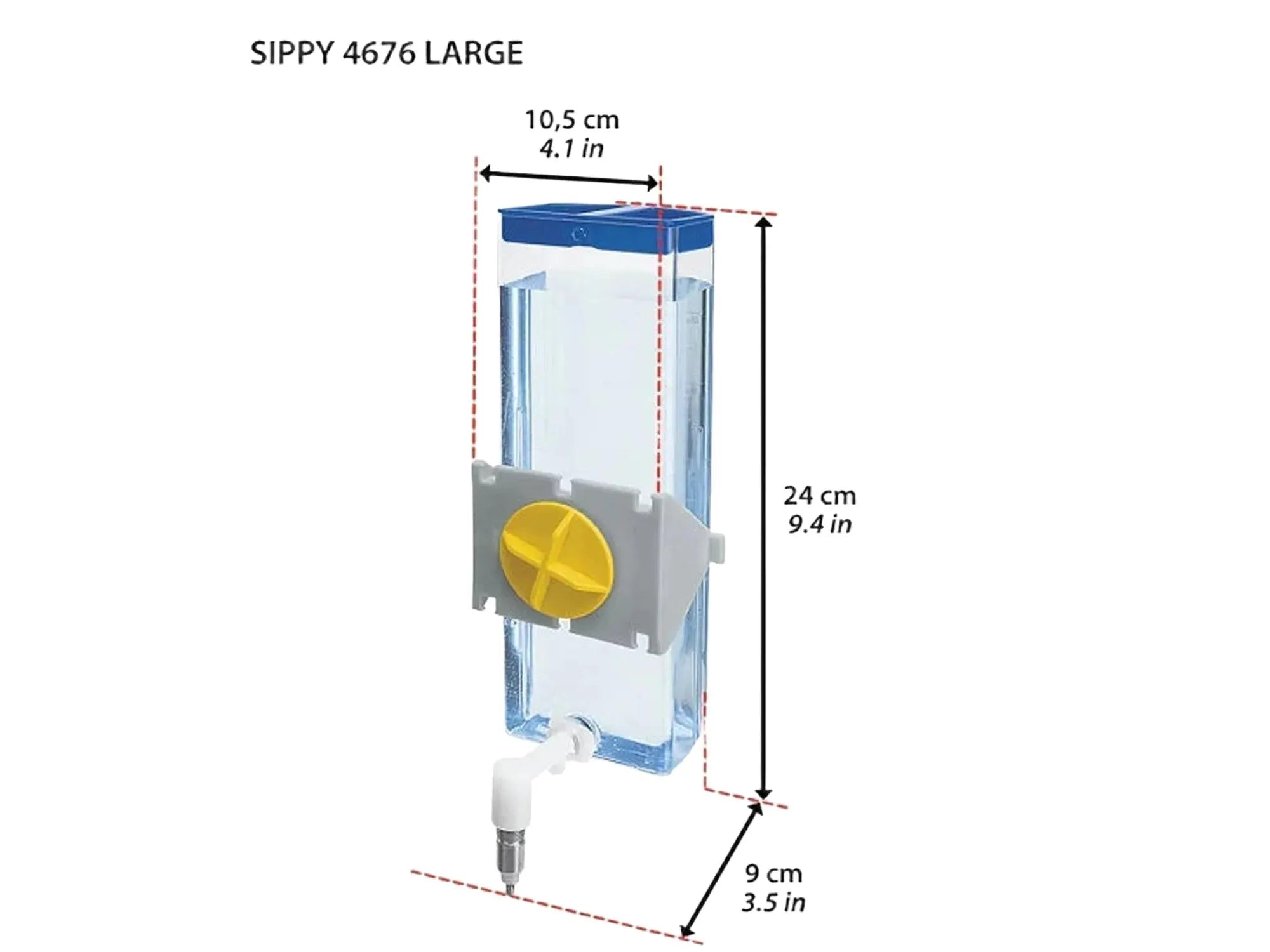 Gjennomsiktig 600ml Sippy drikkeflaske med blå topp, stålmunnstykke og gul feste for gnagere.