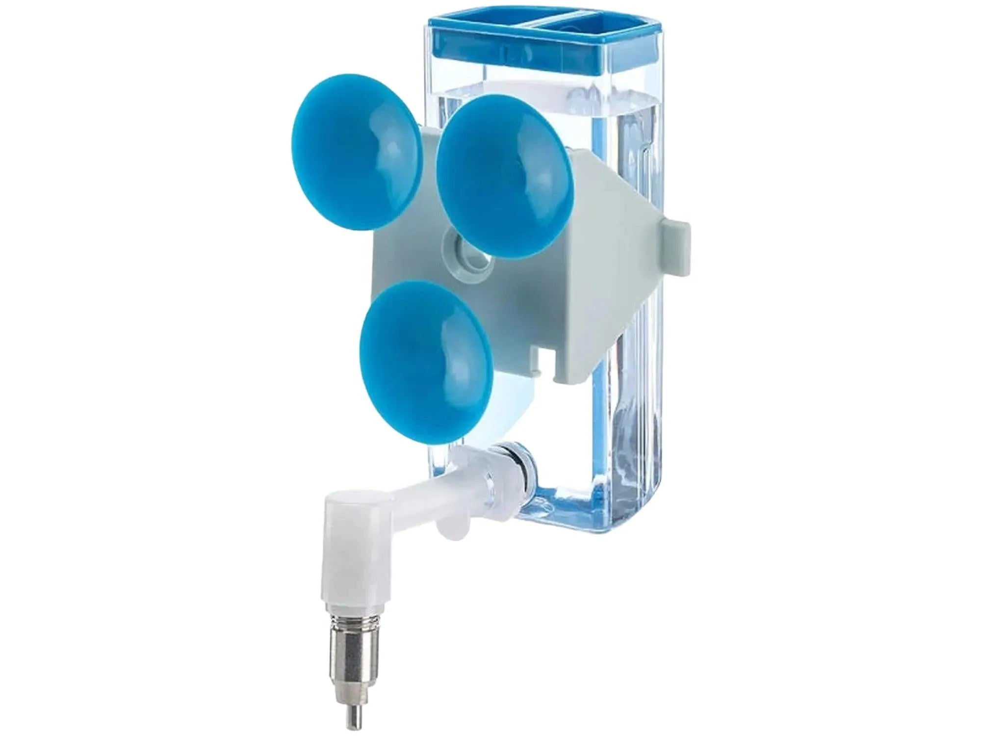 Gjennomsiktig Ferplast Sippy S 100ml drikkeflaske med blått lokk, sugekopper og ståltut for små gnagere.