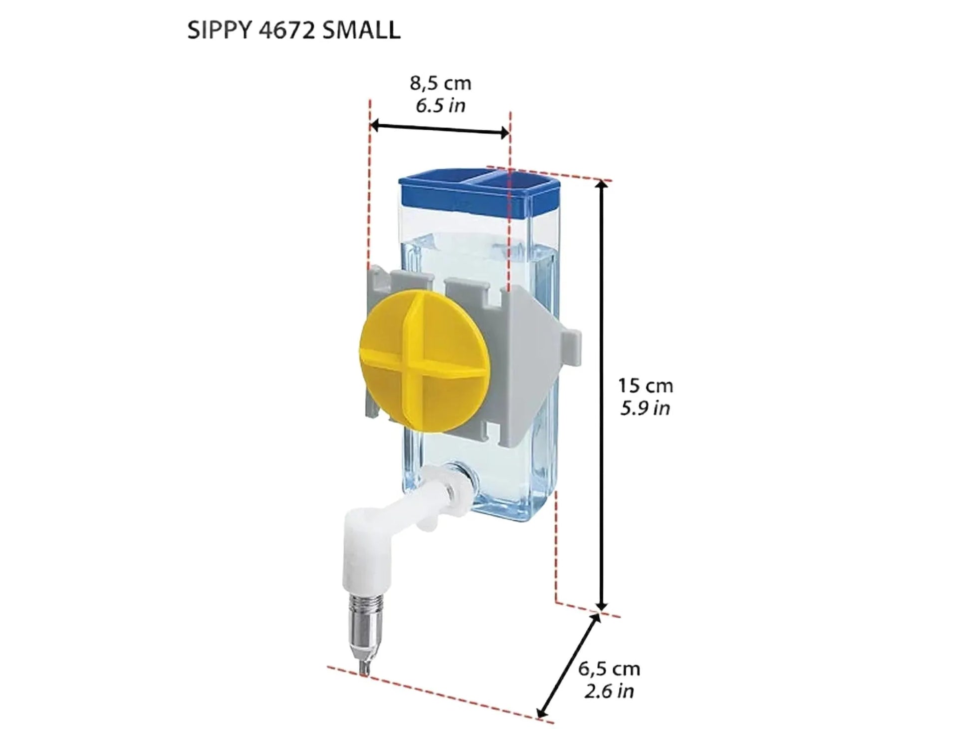 Ferplast Sippy S 100ml drikkeflaske for små gnagere, gjennomsiktig med blått lokk og gul feste.