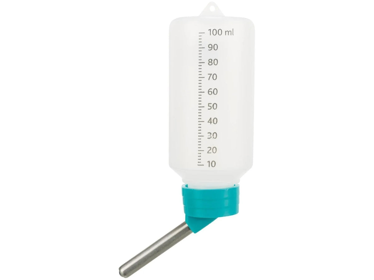 Trixie 100 ml drikkeflaske i hvit plast med turkis holder og rustfri drikketut.