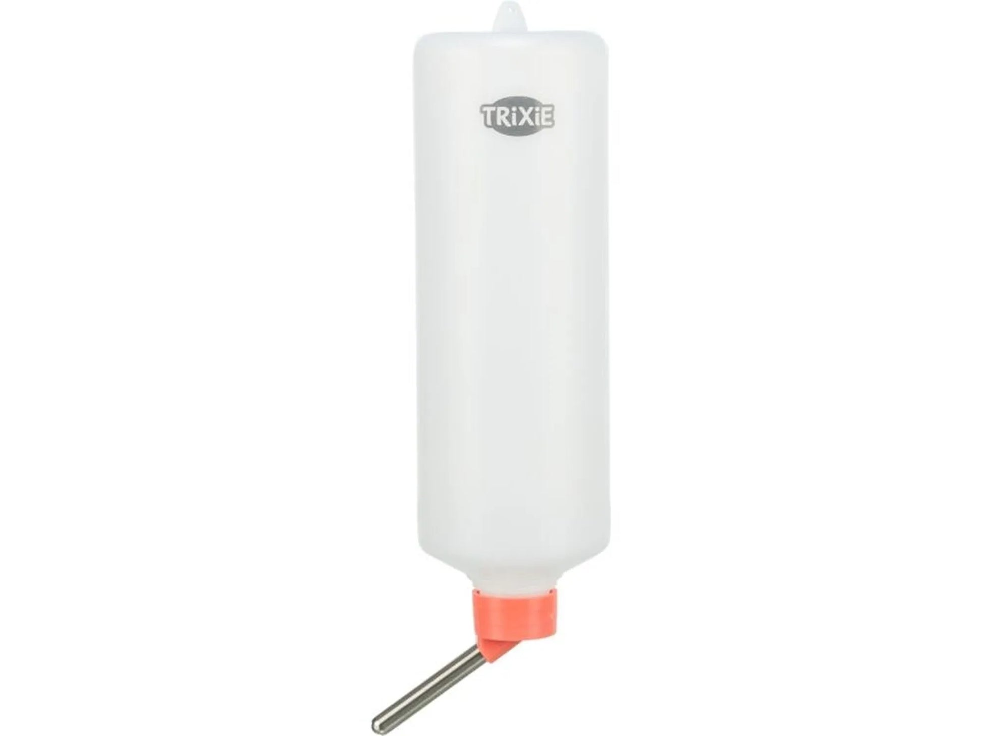 Hvit Trixie drikkeflaske i plast med oransje tut og metall drikkerør for smådyr.