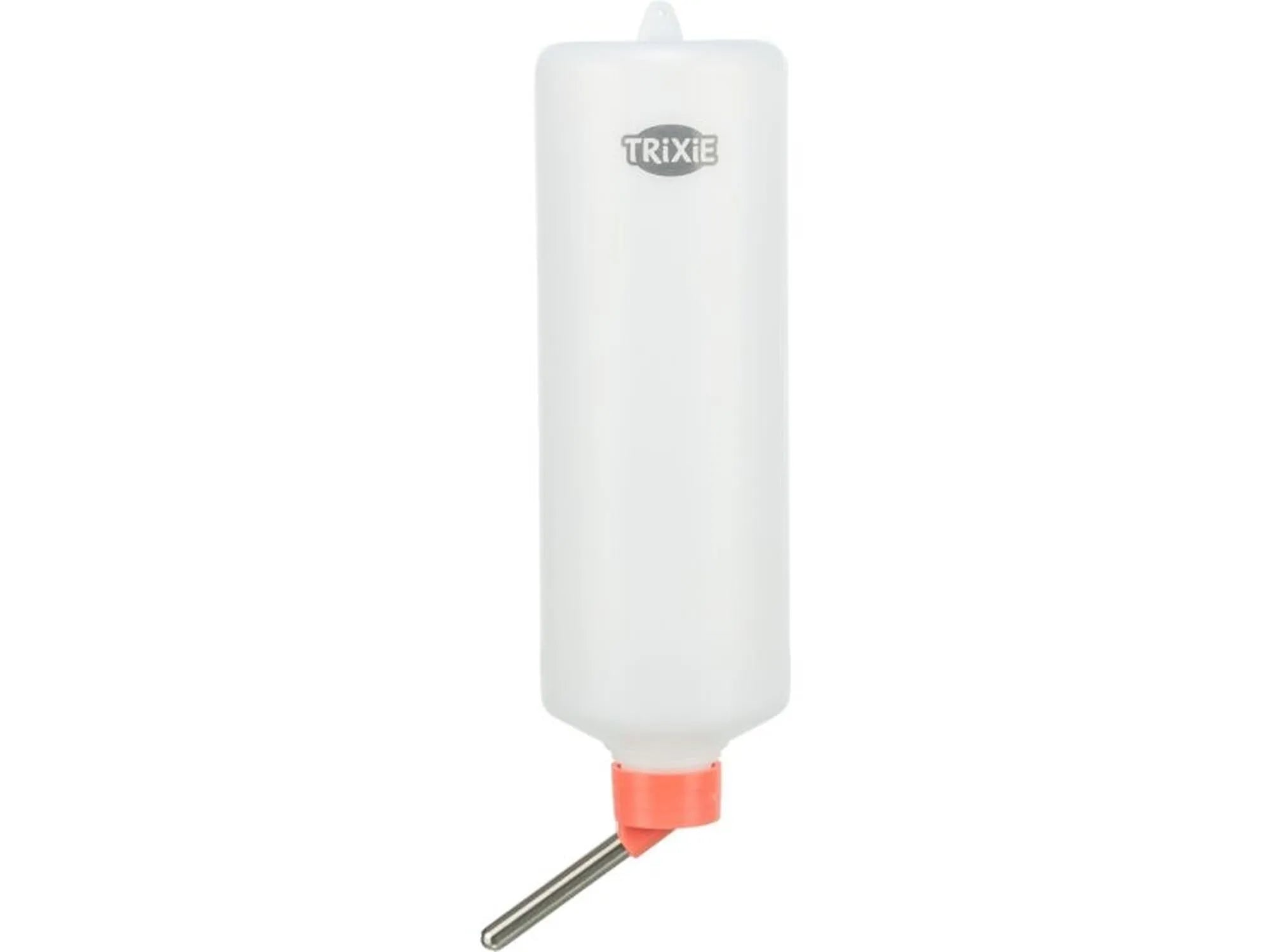 Hvit Trixie drikkeflaske i plast med oransje tut og metall drikkerør for smådyr.