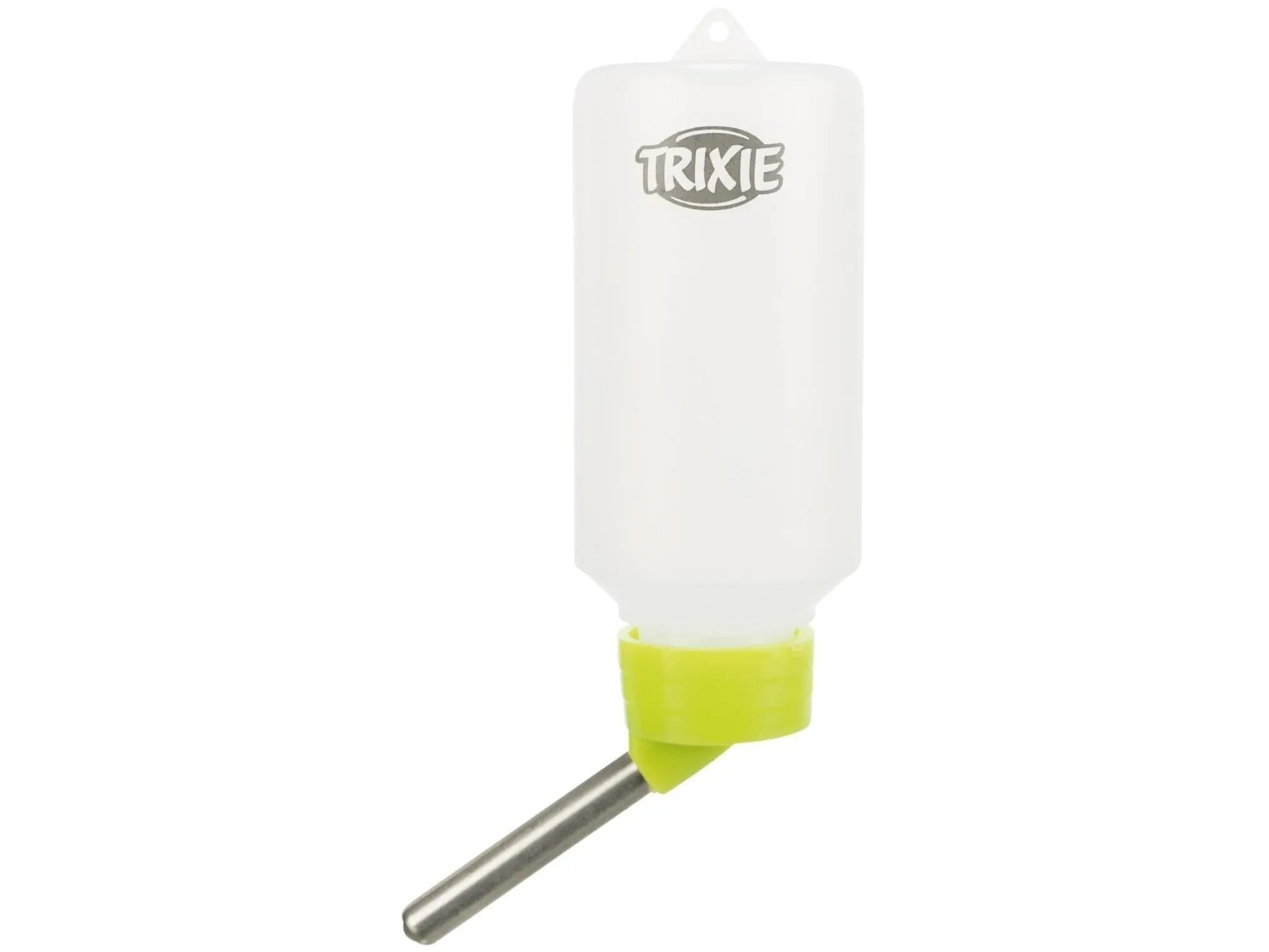 Trixie drikkeflaske i gjennomsiktig plast med limegrønn tut og metallholder.