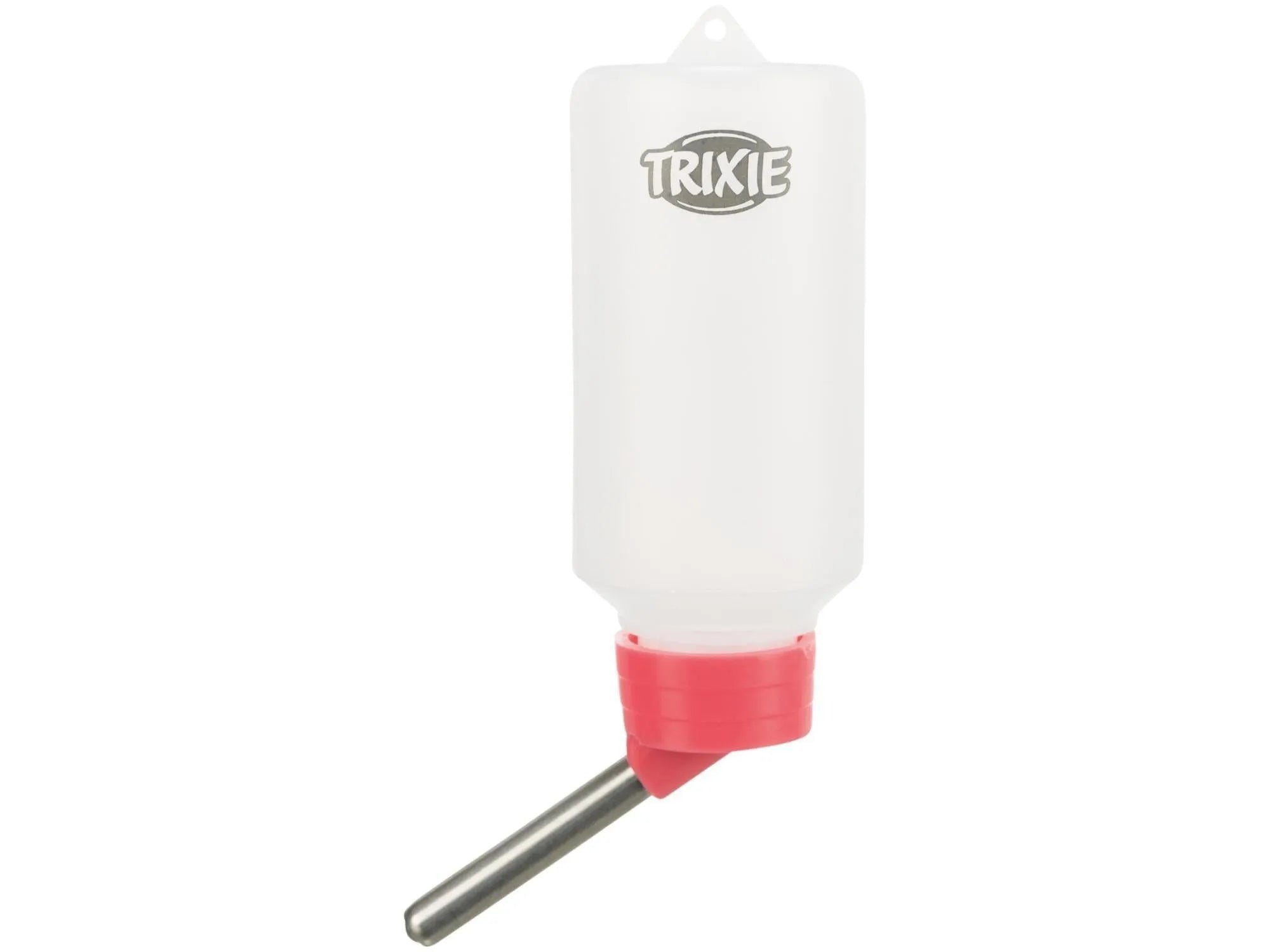 Trixie drikkeflaske for smådyr, hvit plast med rød base og metall drikketut.