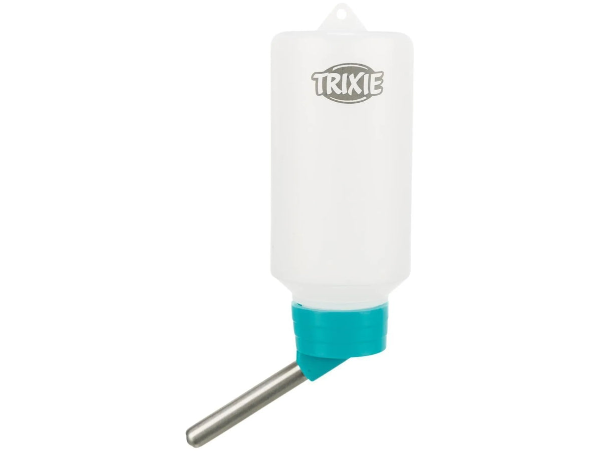 Trixie drikkeflaske i hvit plast med turkis hals og rustfri drikketut.