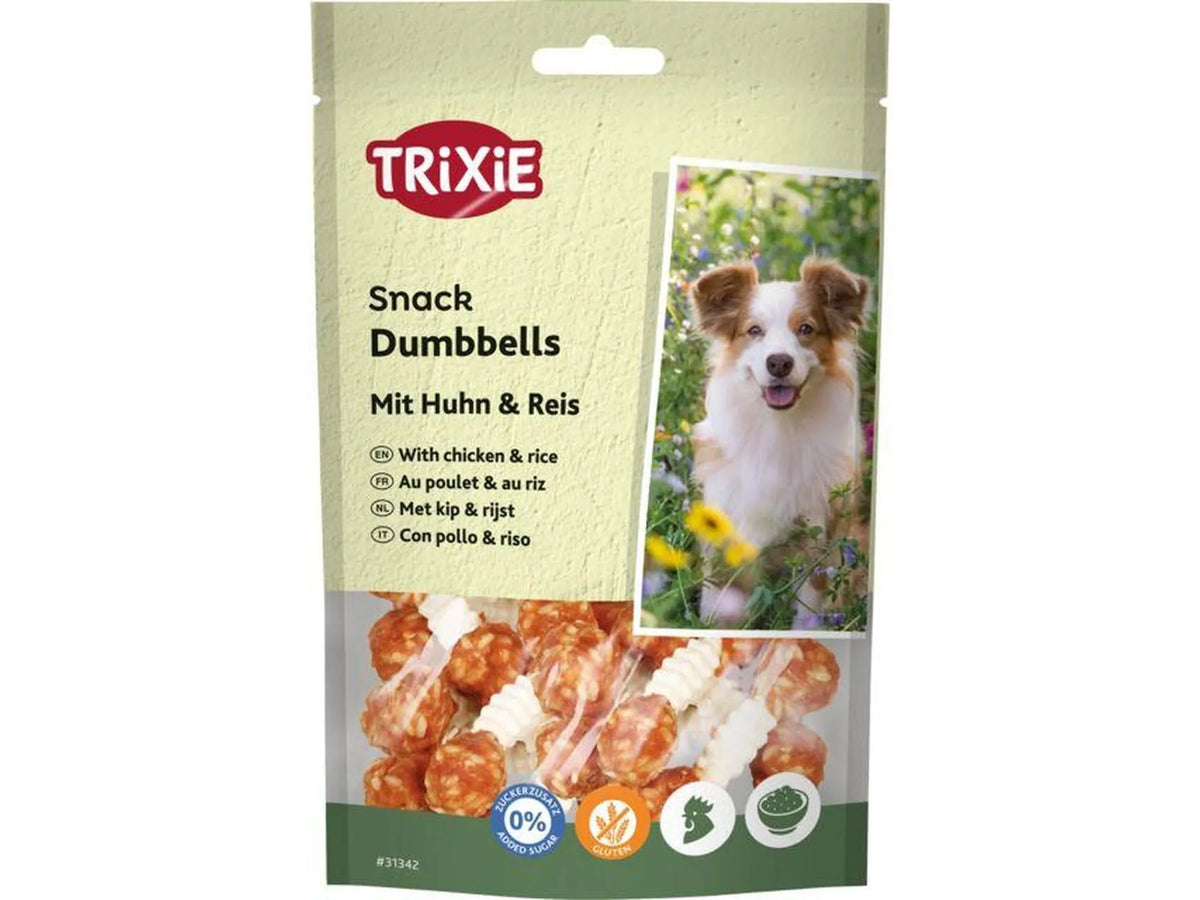 Trixie Snack Dumbbells med kylling og ris, 6 stk, i en grønn pose med bilde av en hund.