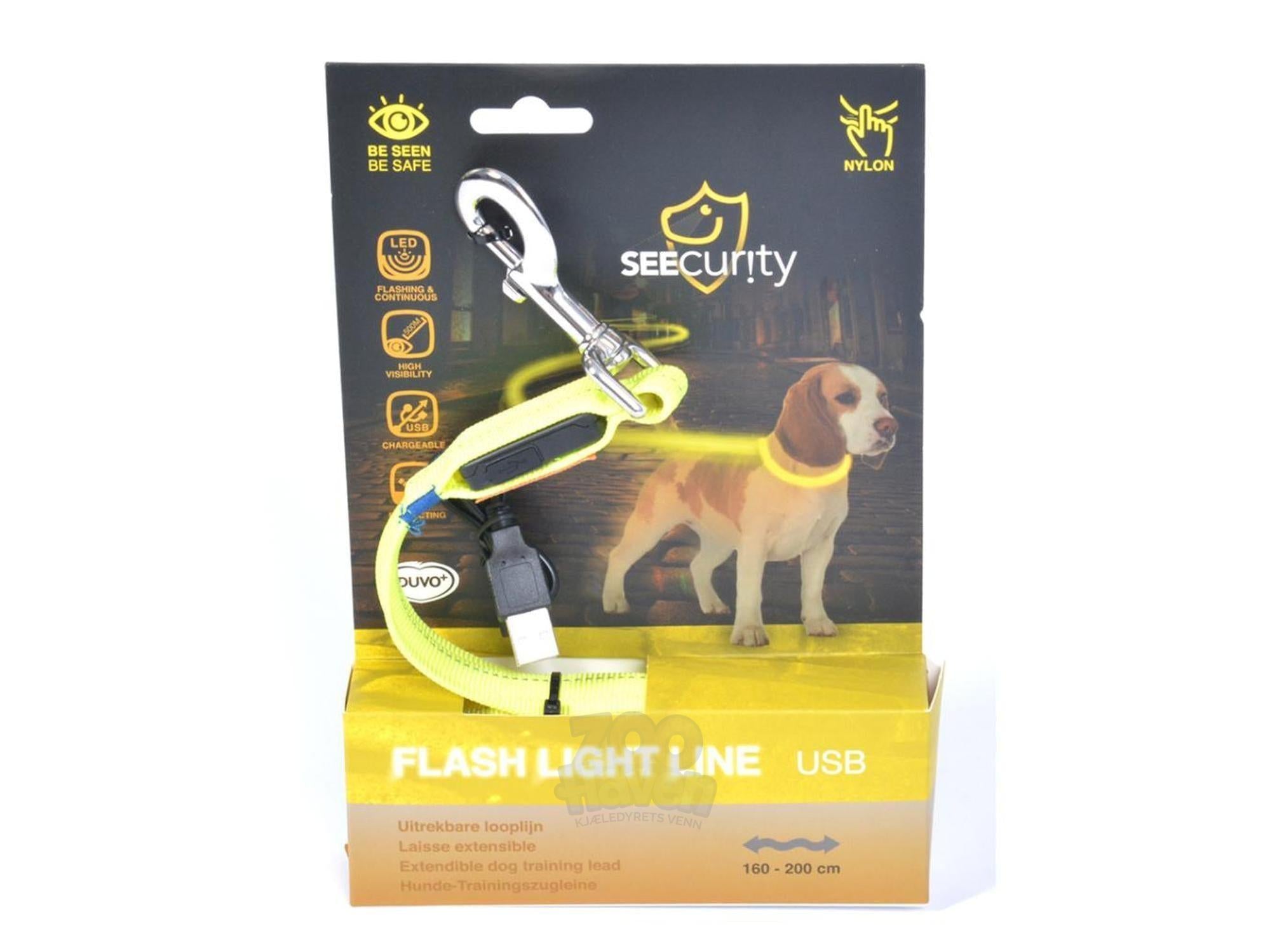 Gul Duvo+ Flash Light Line USB, en fleksibel nylon lysring med karabinkrok og USB-lader, vist i emballasje.