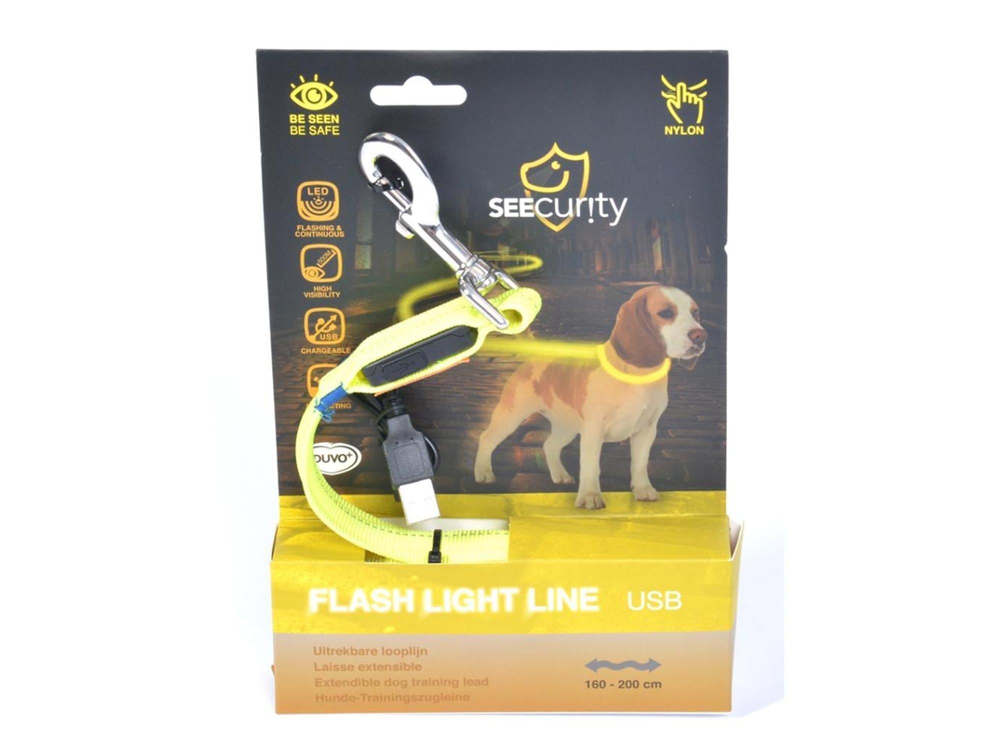 Gul Duvo+ Flash Light Line USB, en fleksibel nylon lysring med karabinkrok og USB-lader, vist i emballasje.