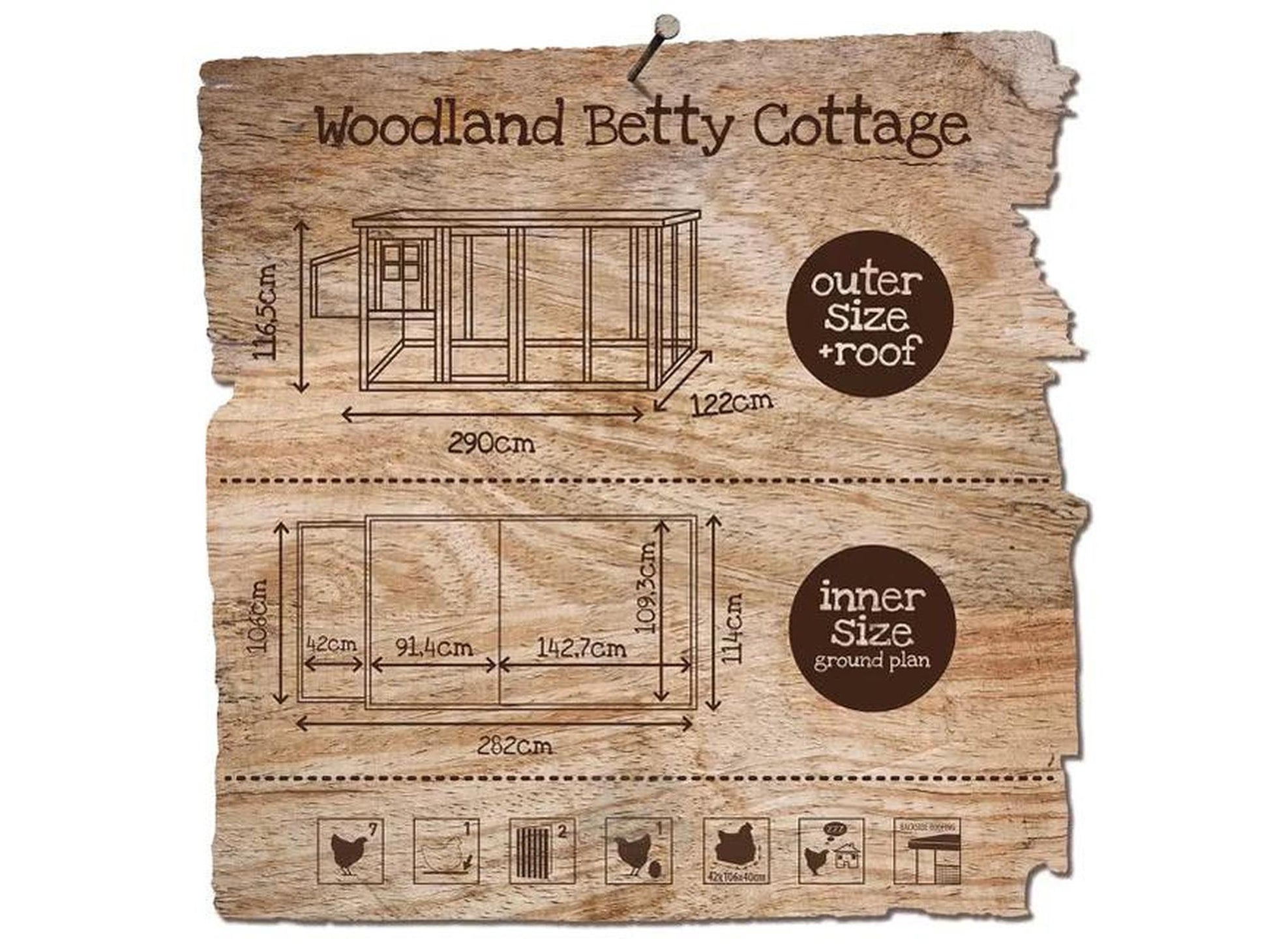 Duvo+ Woodland Betty Cottage kippenhus med løpegård, detaljerte mål og funksjonsikoner på trebakgrunn.
