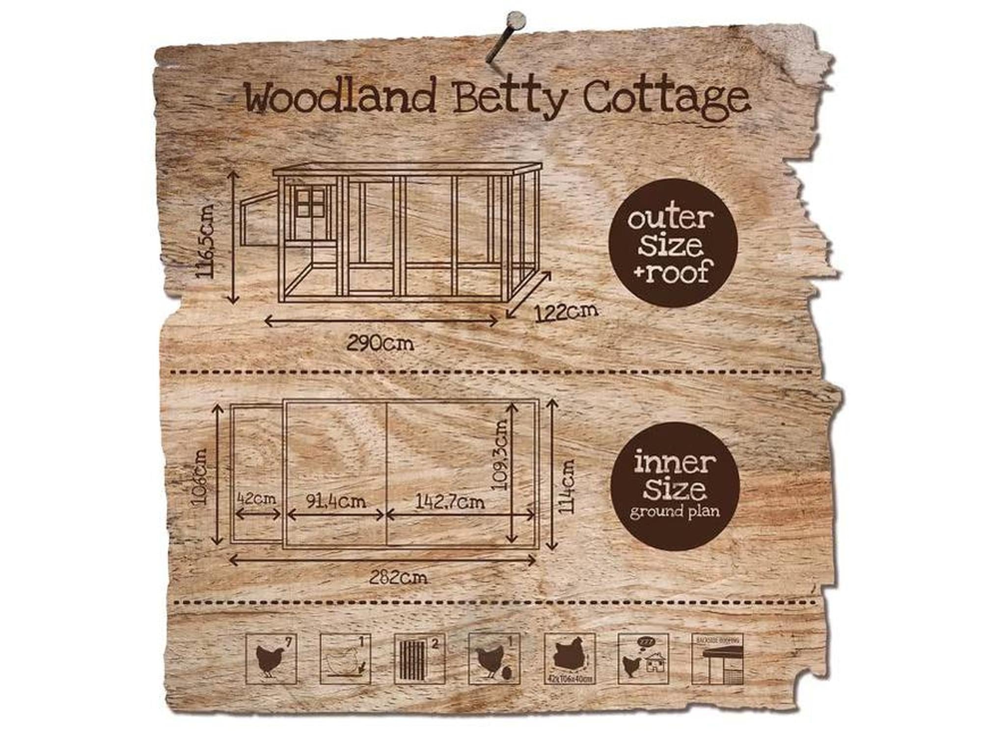 Duvo+ Woodland Betty Cottage kippenhus med løpegård, detaljerte mål og funksjonsikoner på trebakgrunn.
