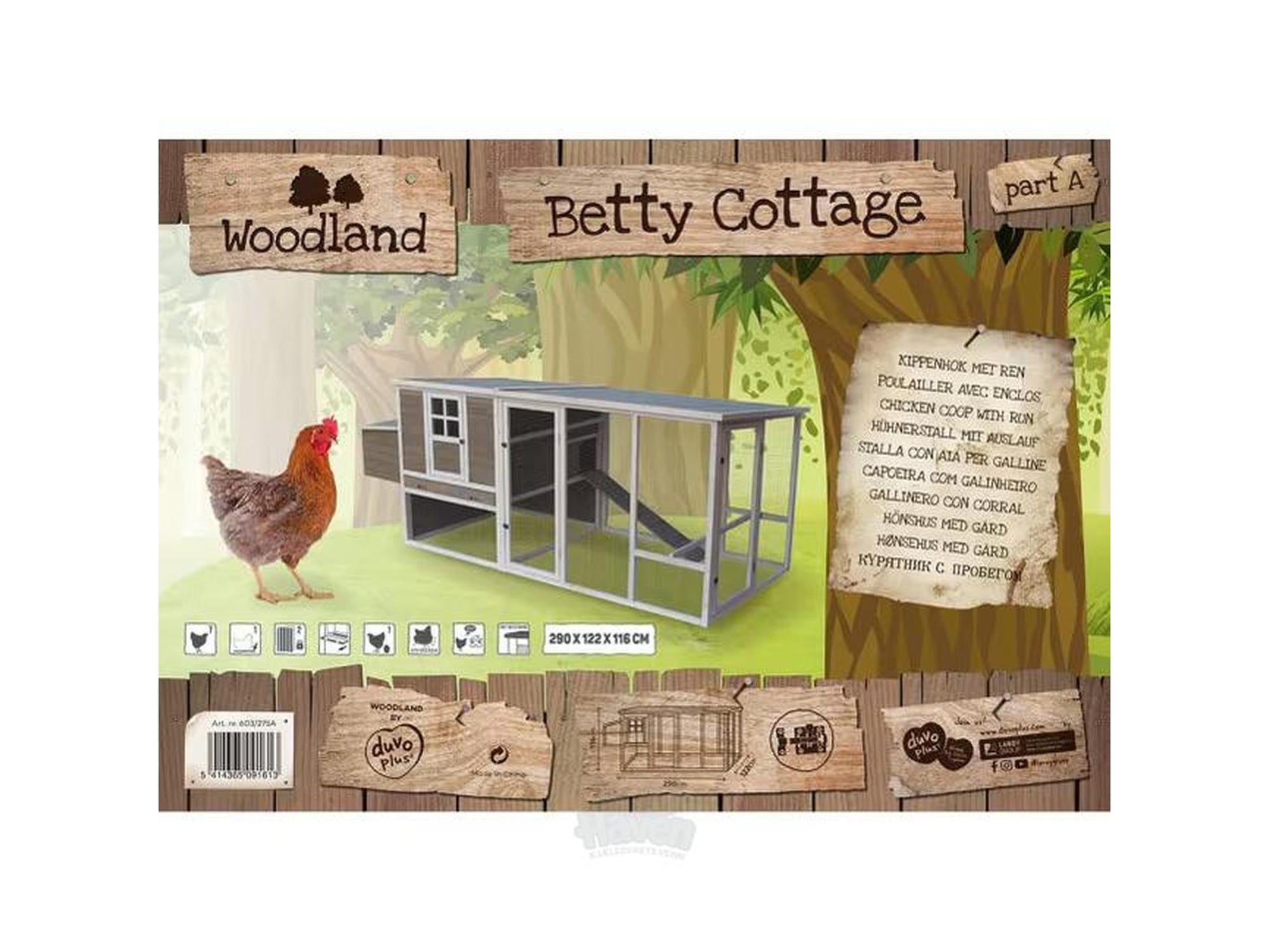 Duvo+ Woodland Betty Cottage hønsehus i tre med løpegård, eggeboks og rampe for opptil 7 høner.