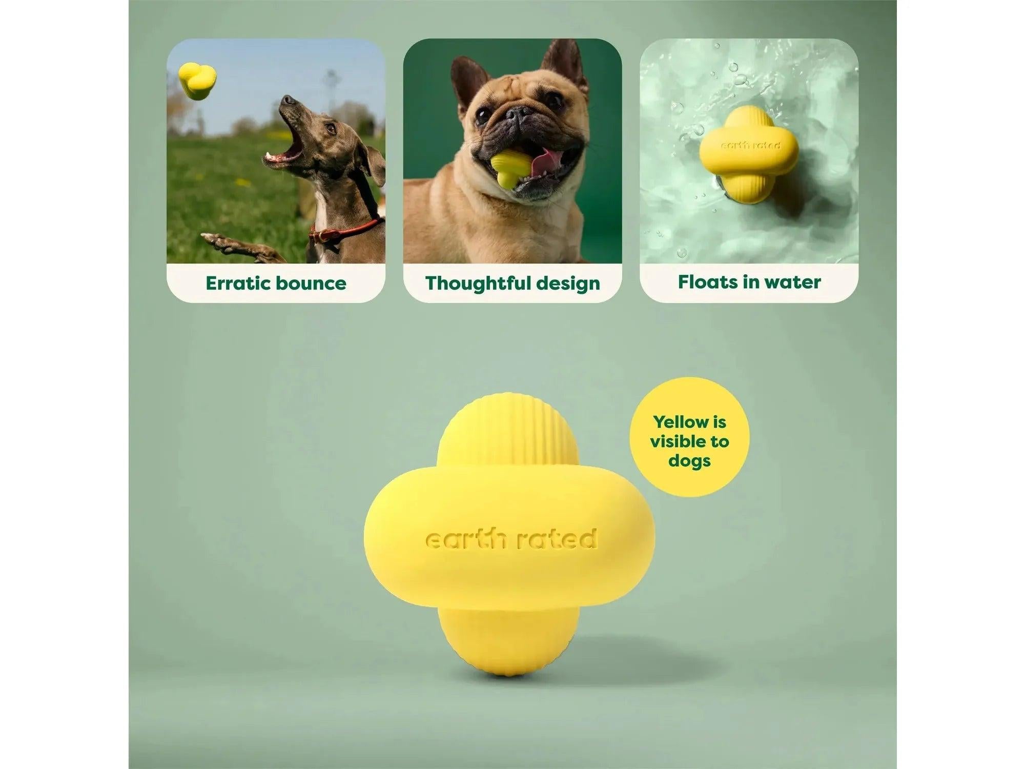 Gul Earth Rated Fetch Toy i naturgummi med uforutsigbar sprett, flyter i vann.