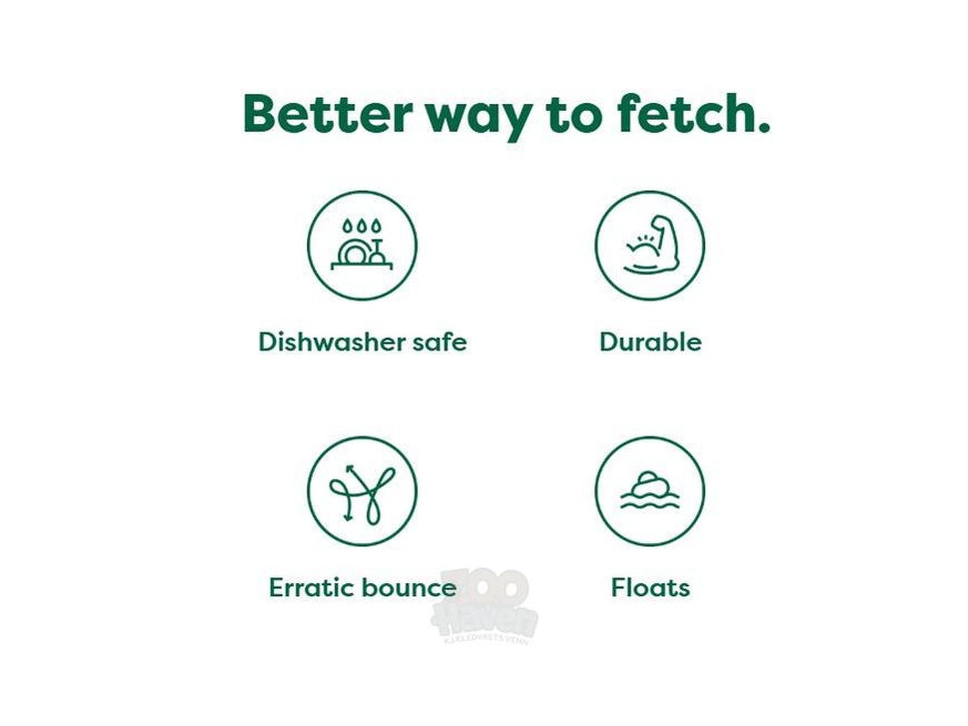 Grønn infografikk med ikoner som viser "Better way to fetch": Dishwasher safe, Durable, Erratic bounce, Floats.