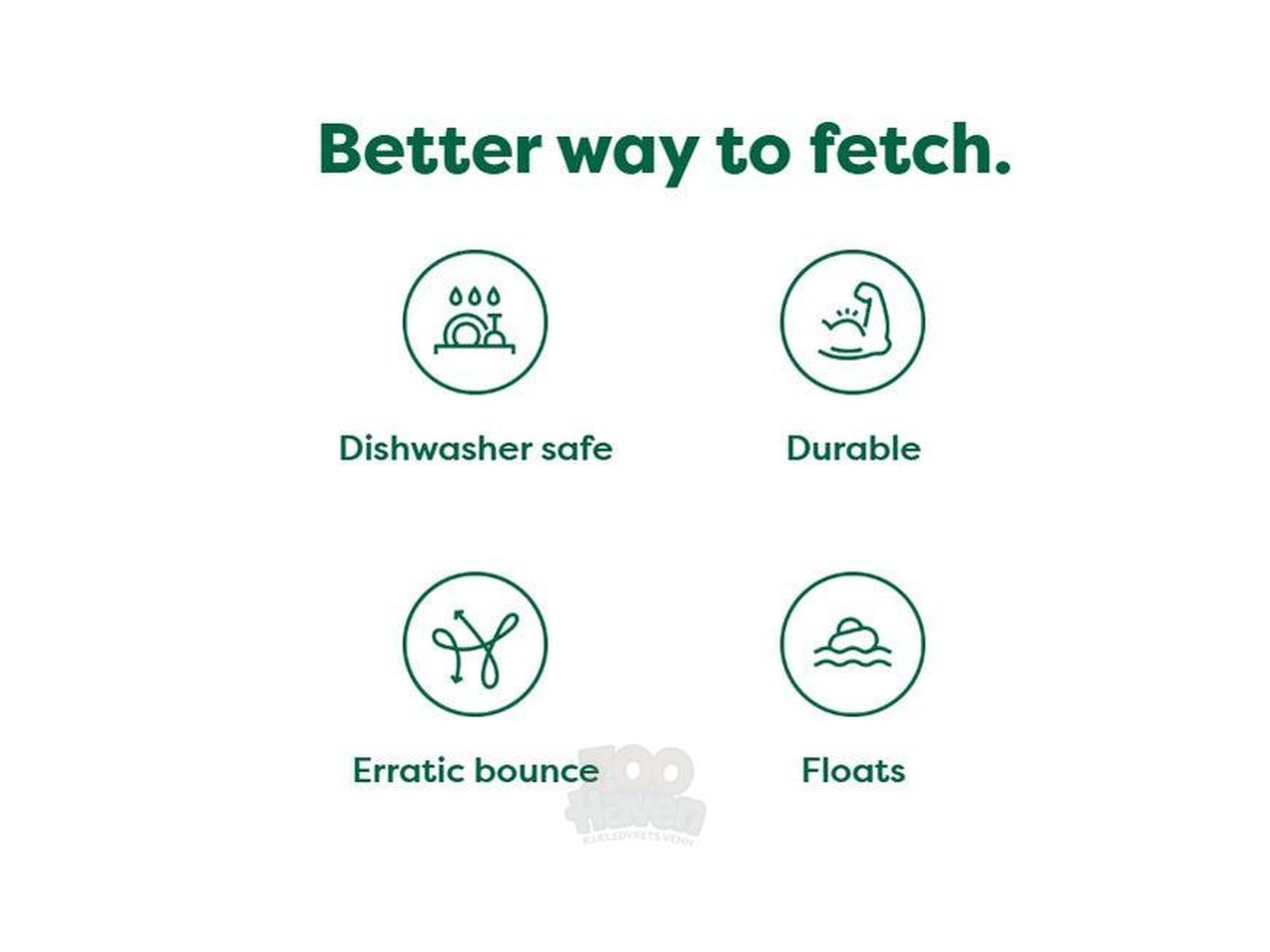 Grønn infografikk med ikoner som viser "Better way to fetch": Dishwasher safe, Durable, Erratic bounce, Floats.