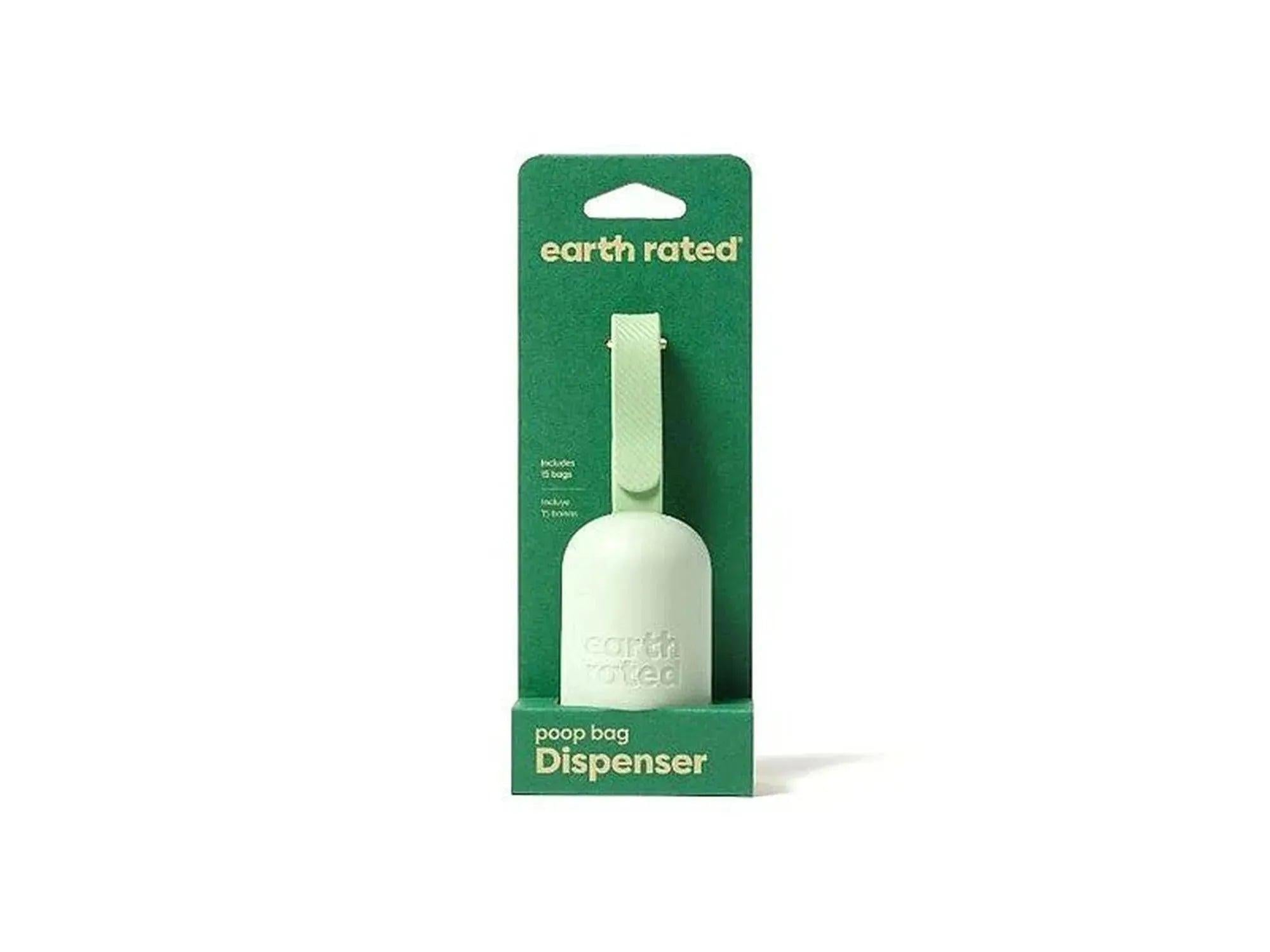 Earth Rated hvit hundeposedispenser med grønn silikonrem, pakket i grønn pappemballasje.