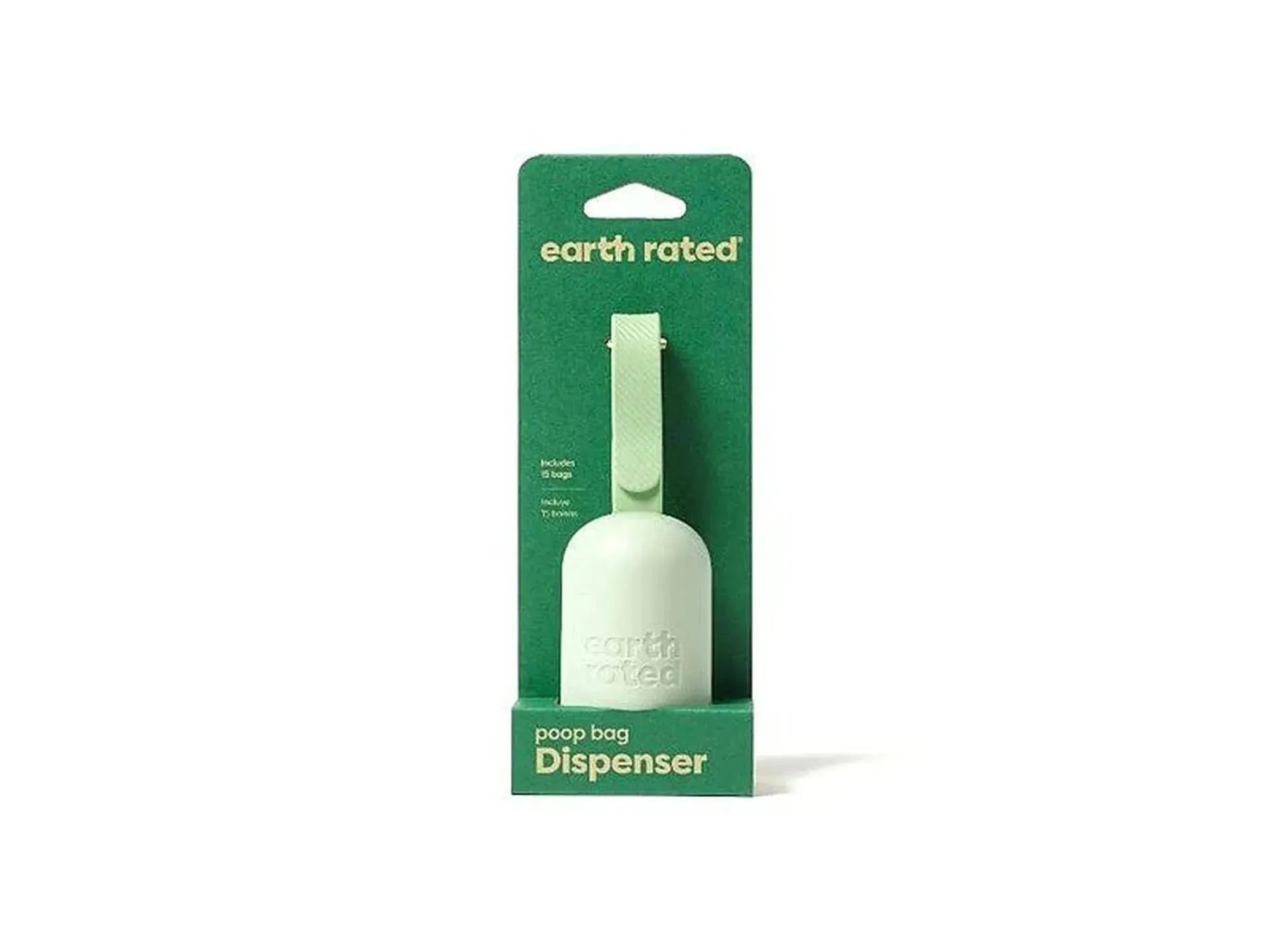 Earth Rated hvit hundeposedispenser med grønn silikonrem, pakket i grønn pappemballasje.