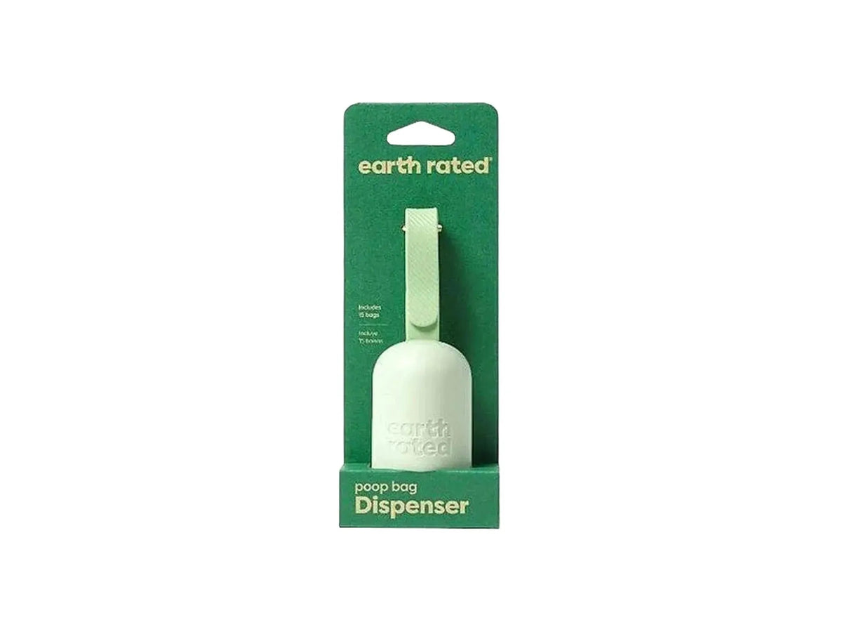 Earth Rated hvit hundeposedispenser med grønn silikonrem, pakket i grønn pappemballasje.