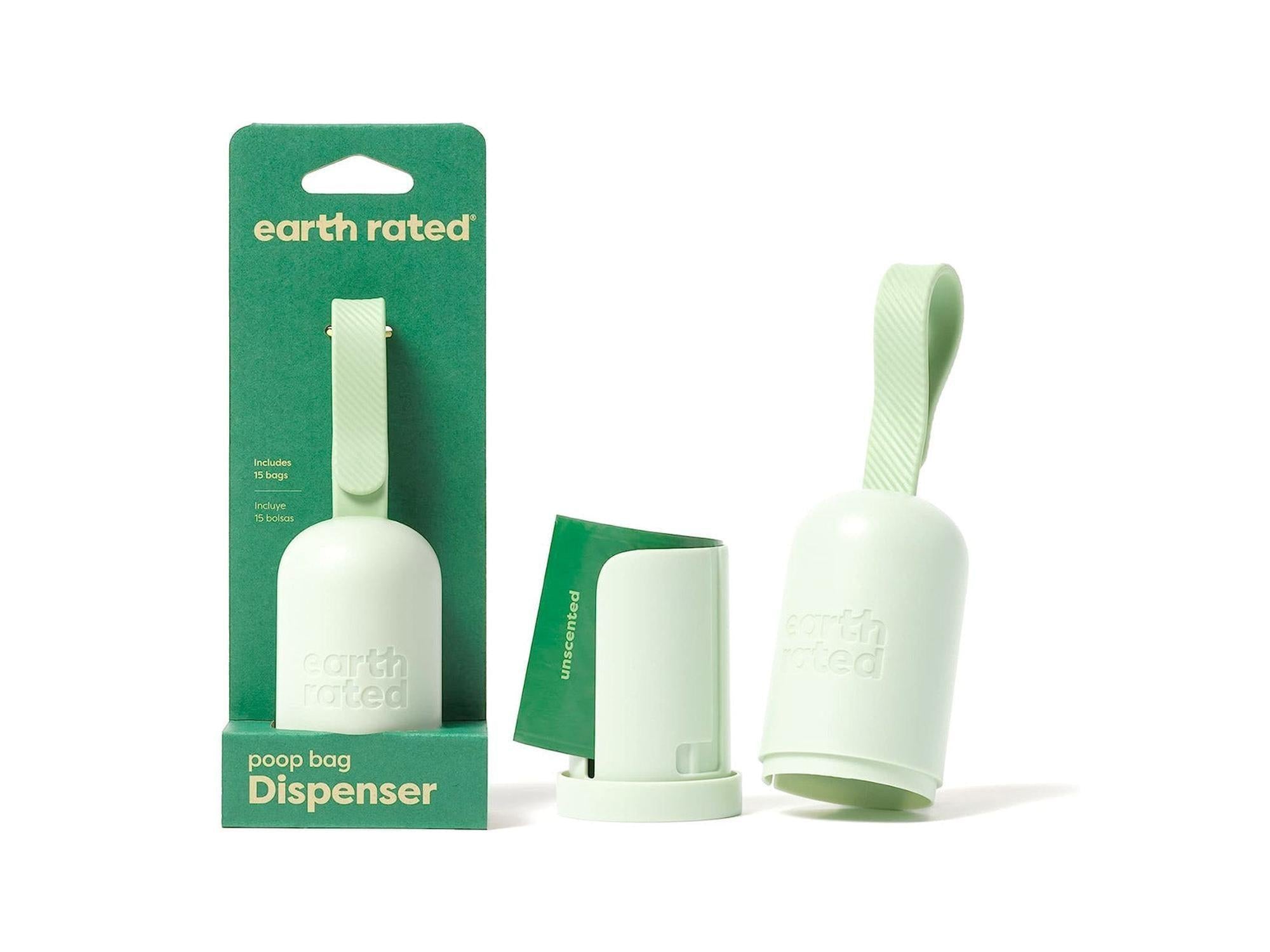 Earth Rated grønn hundeposedispenser med silikonrem og 15 resirkulerte poser.