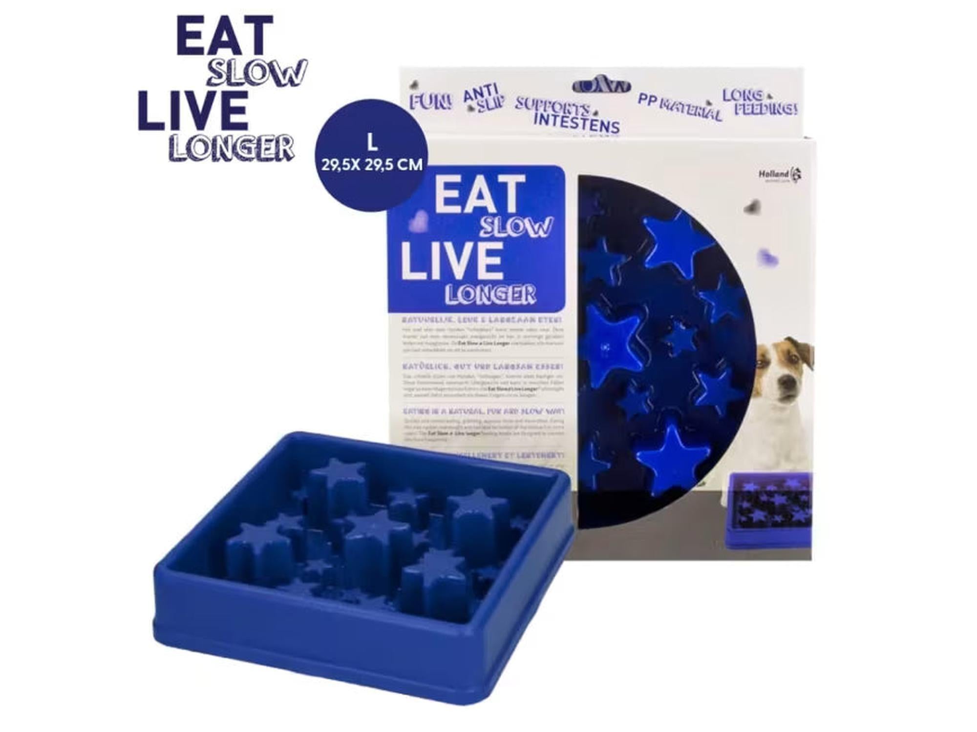 Blå Eat Slow Live Longer Star antiklukkeskål i størrelse L, med stjernemønster og sklisikre føtter.