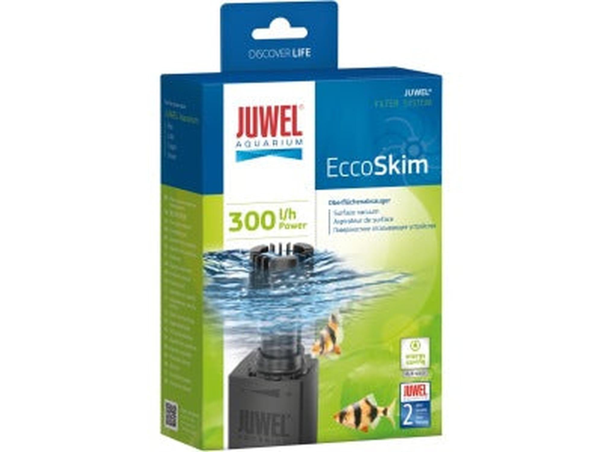 Juwel EccoSkim overflateskimmer i blå og grønn eske med akvarium og fisk illustrasjon.