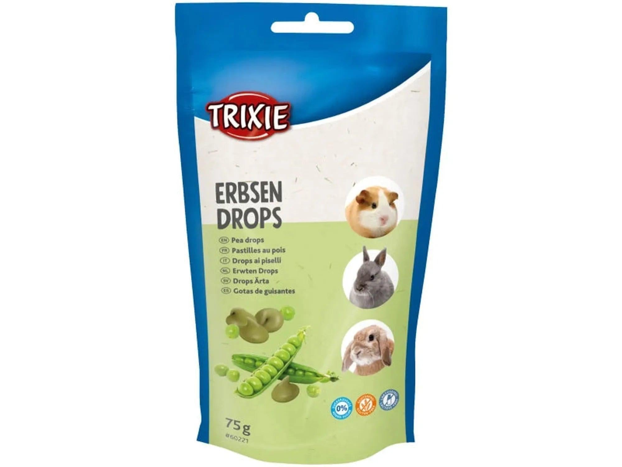 Blå Trixie Erbsen Drops 75g pose med erter, hamster, kanin og marsvin.