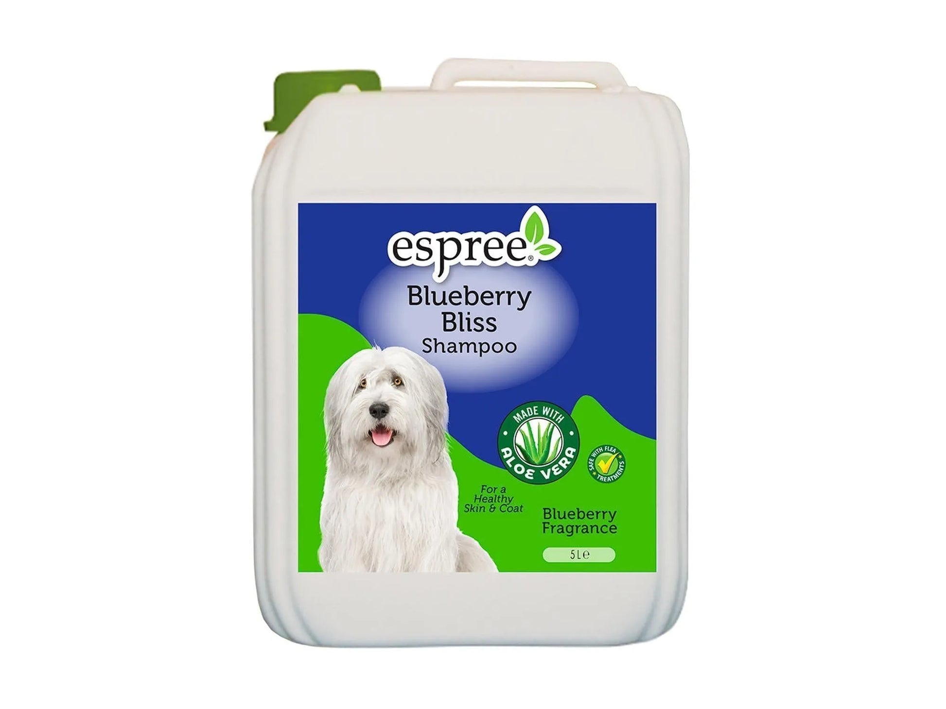 Hvit 5L Espree Blueberry Bliss hundesjampo med blå og grønn etikett og bilde av en hvit hund.