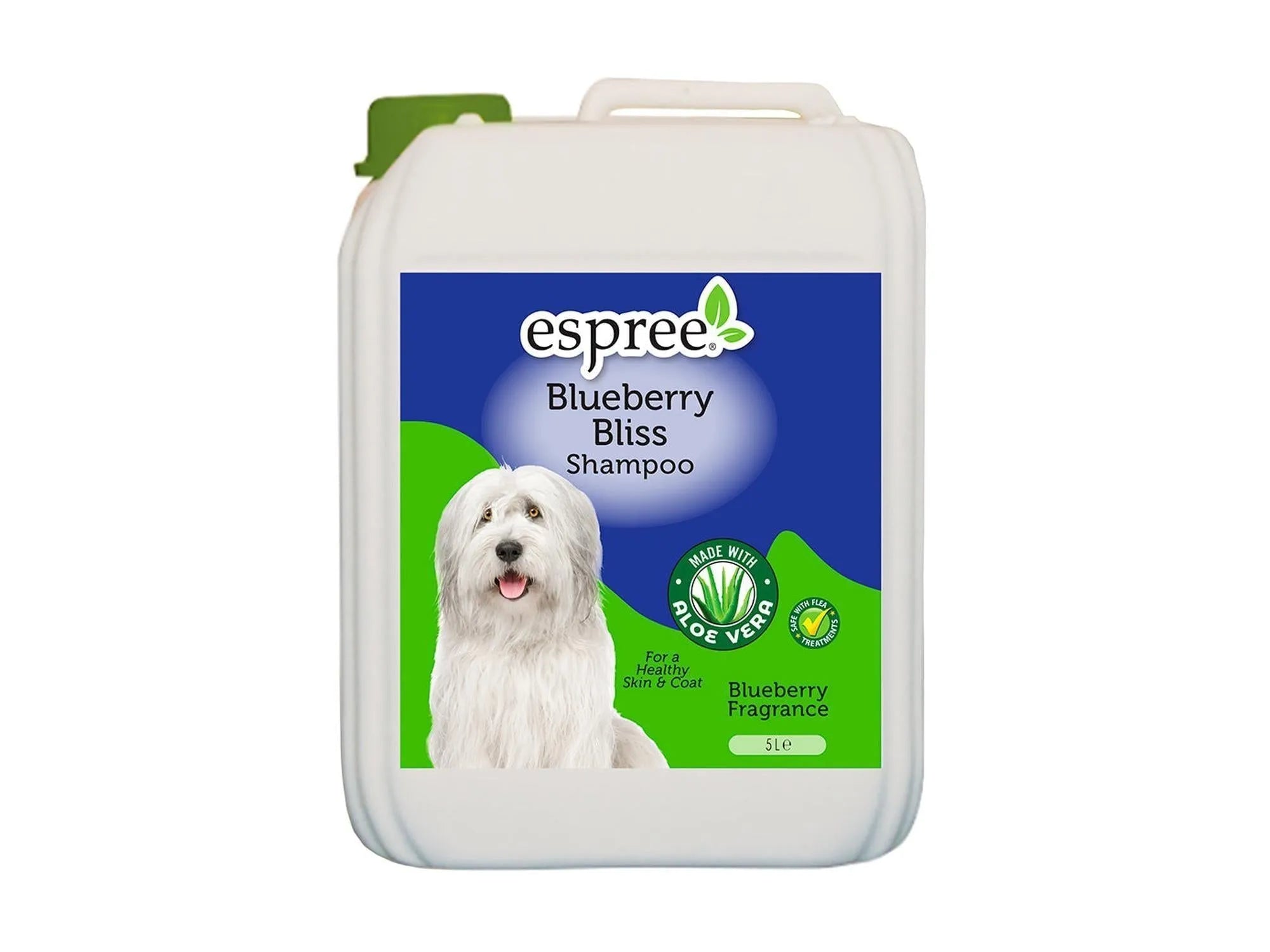Hvit 5L Espree Blueberry Bliss hundesjampo med blå og grønn etikett og bilde av en hvit hund.