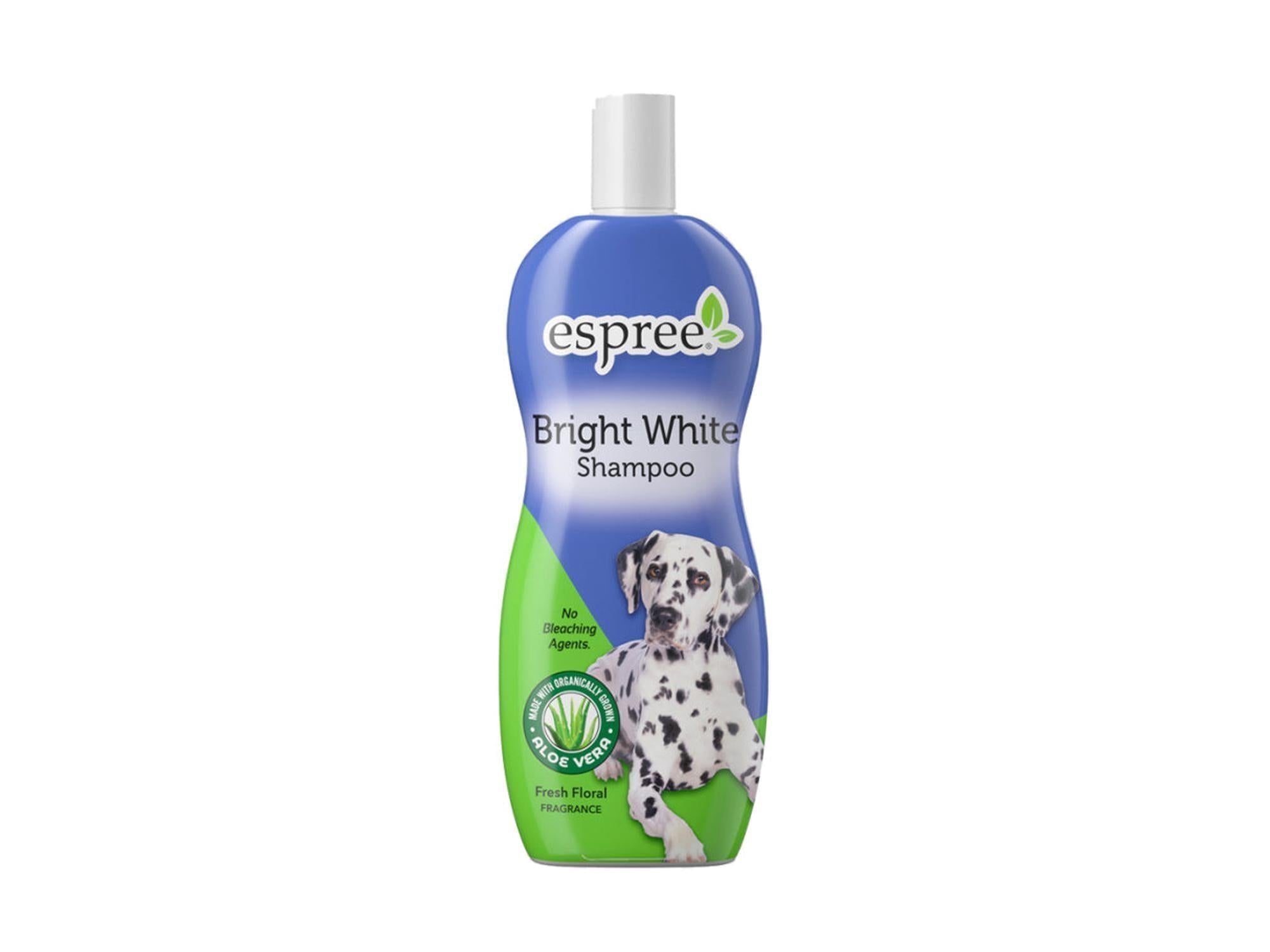 Espree Bright White hundesjampo i blå og grønn flaske med dalmatiner, 355 ml.