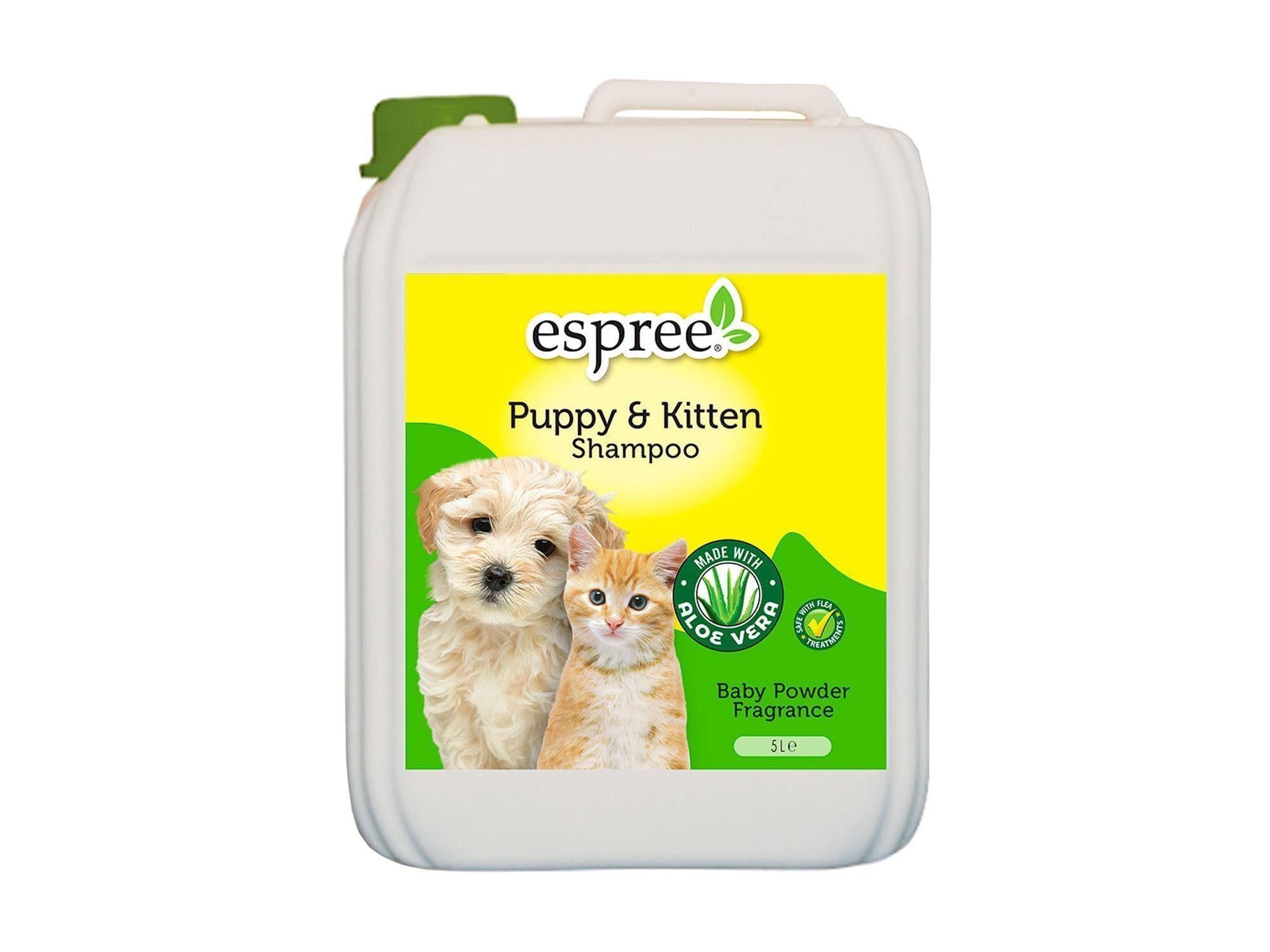 Espree Puppy & Kitten Shampoo 5L i hvit kanne med gul etikett, viser valp og kattunge.