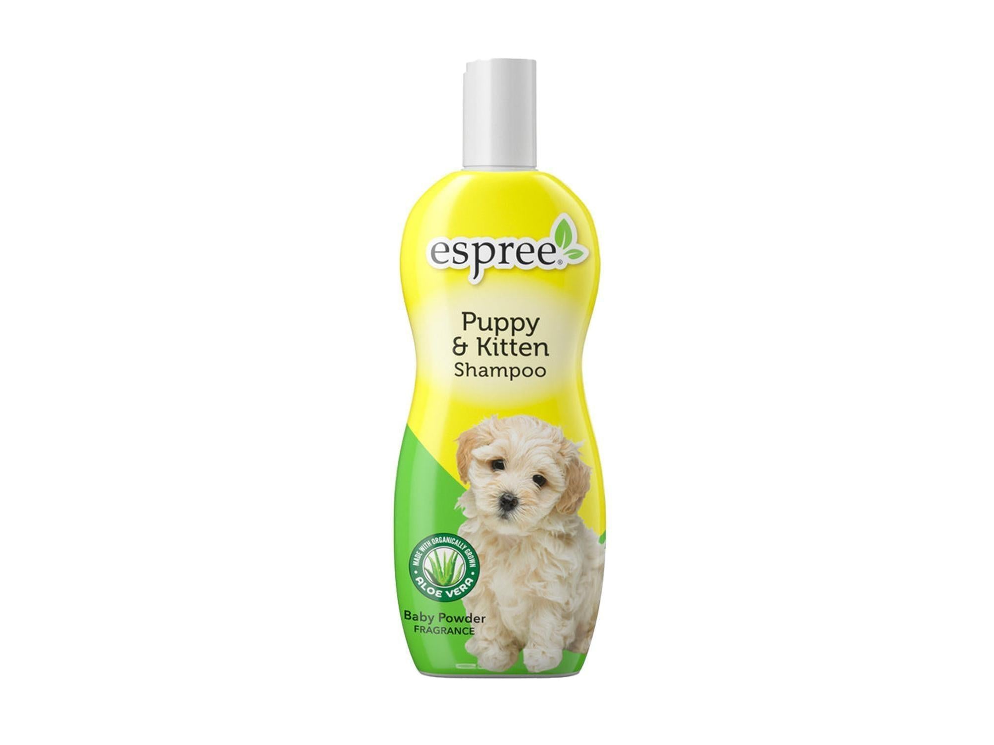 Espree Puppy & Kitten Shampoo, gul flaske med grønne detaljer, valp og Aloe Vera-logo.