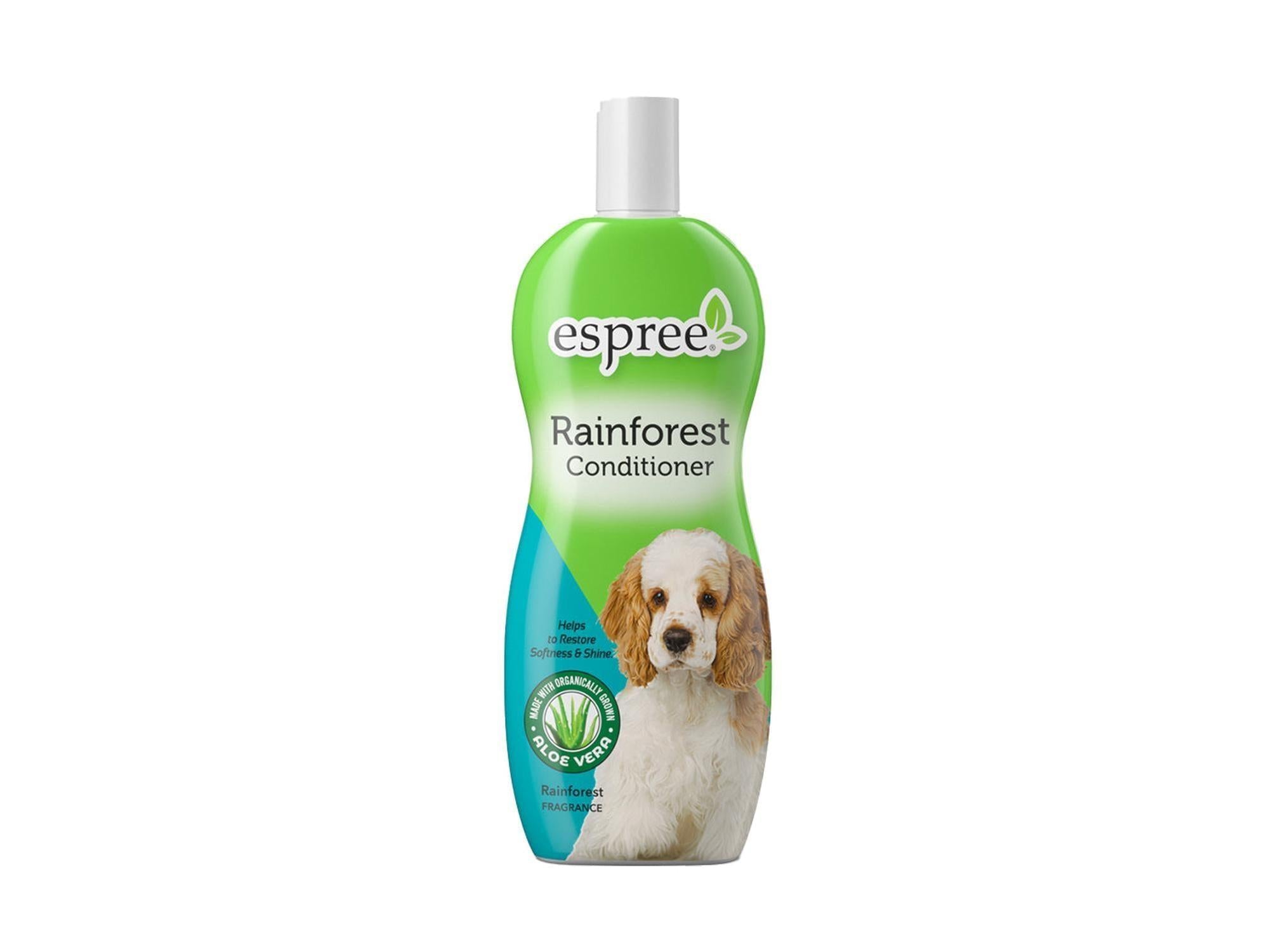 Espree Rainforest hundebalsam 355 ml i grønn og blå flaske med bilde av en hund.