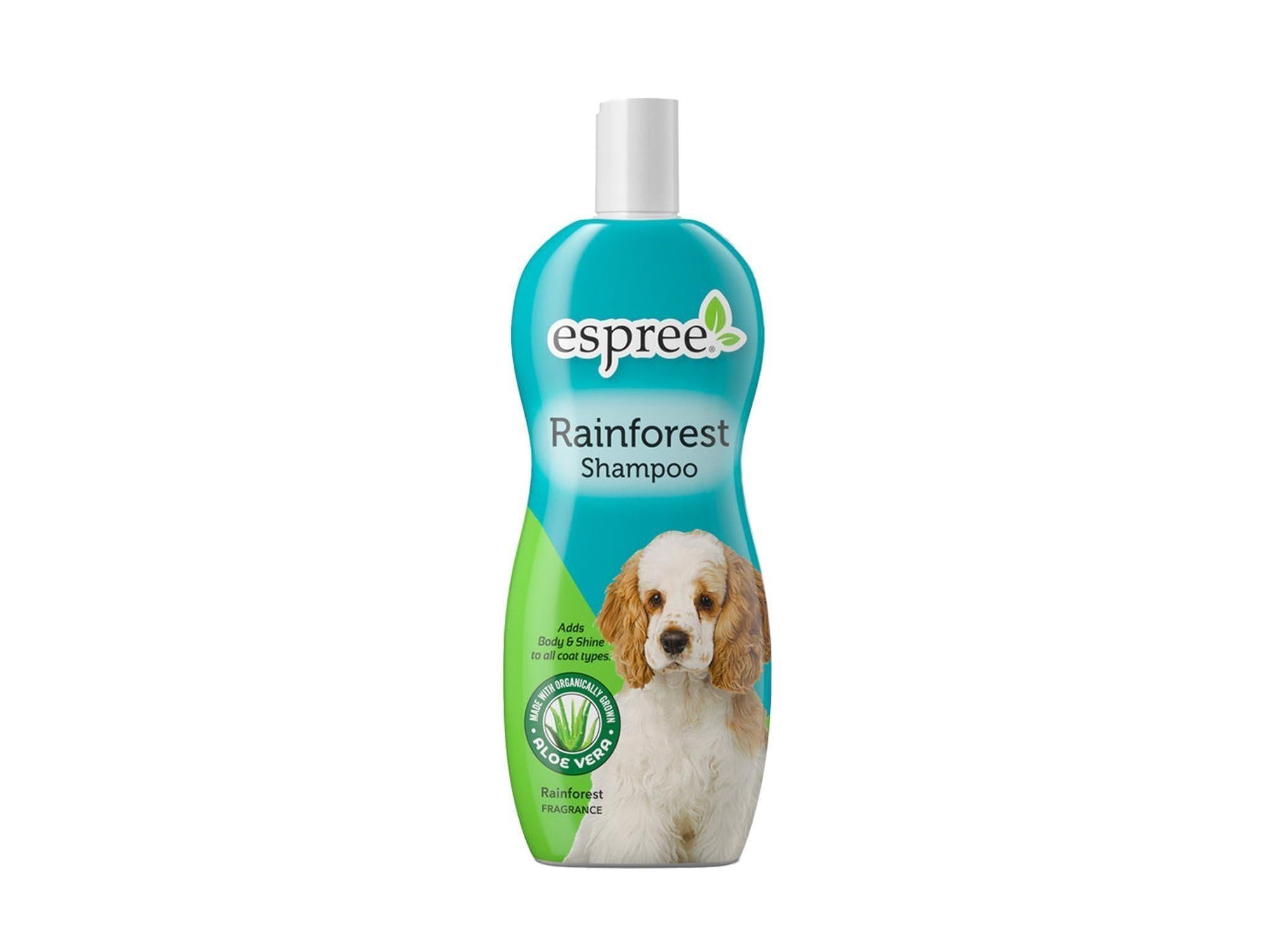 Espree Rainforest hundesjampo i en turkis og grønn flaske med bilde av en hund.