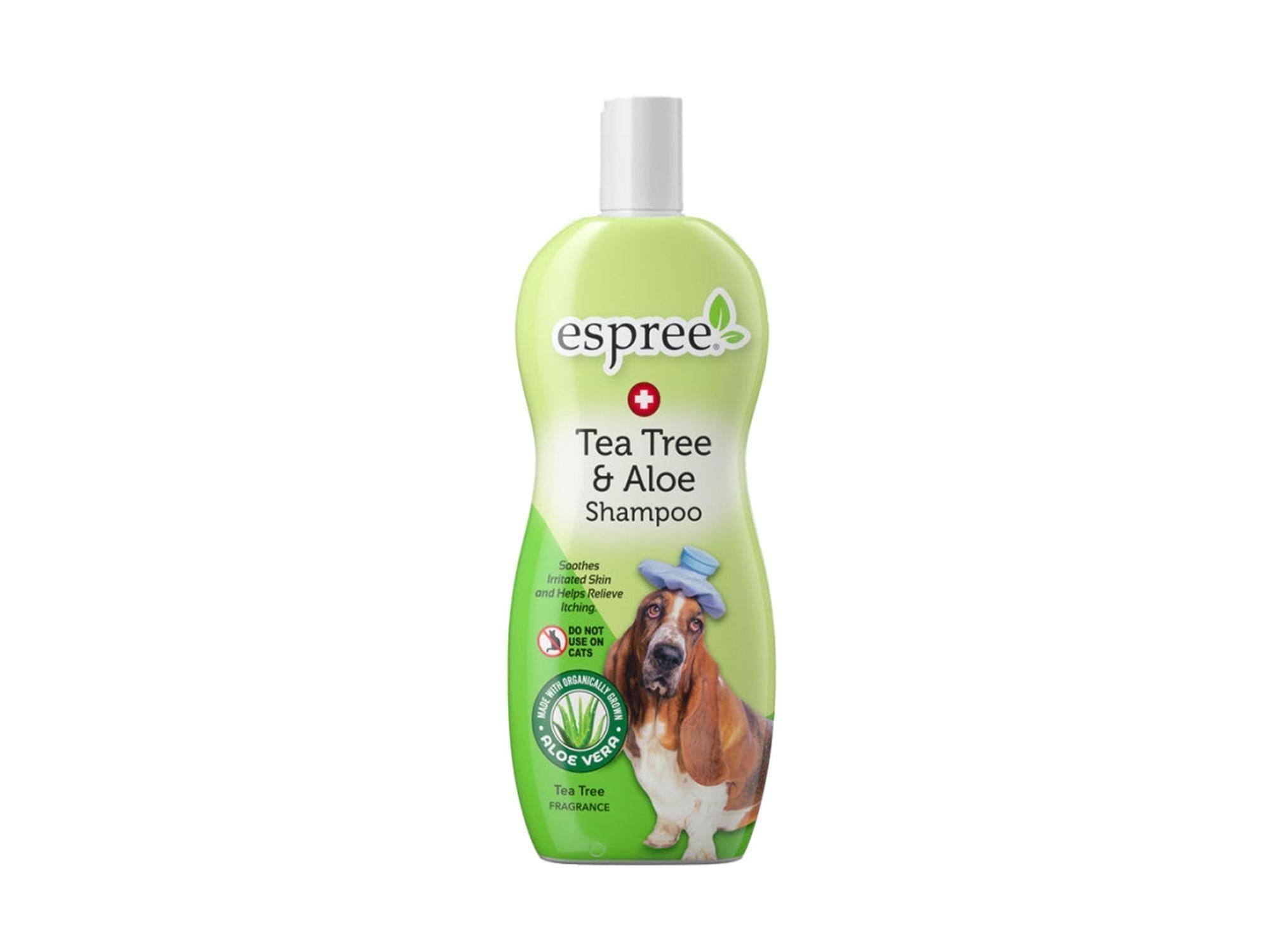 Espree Tea Tree & Aloe Shampoo 355ml for hunder, grønn flaske med basset hound.