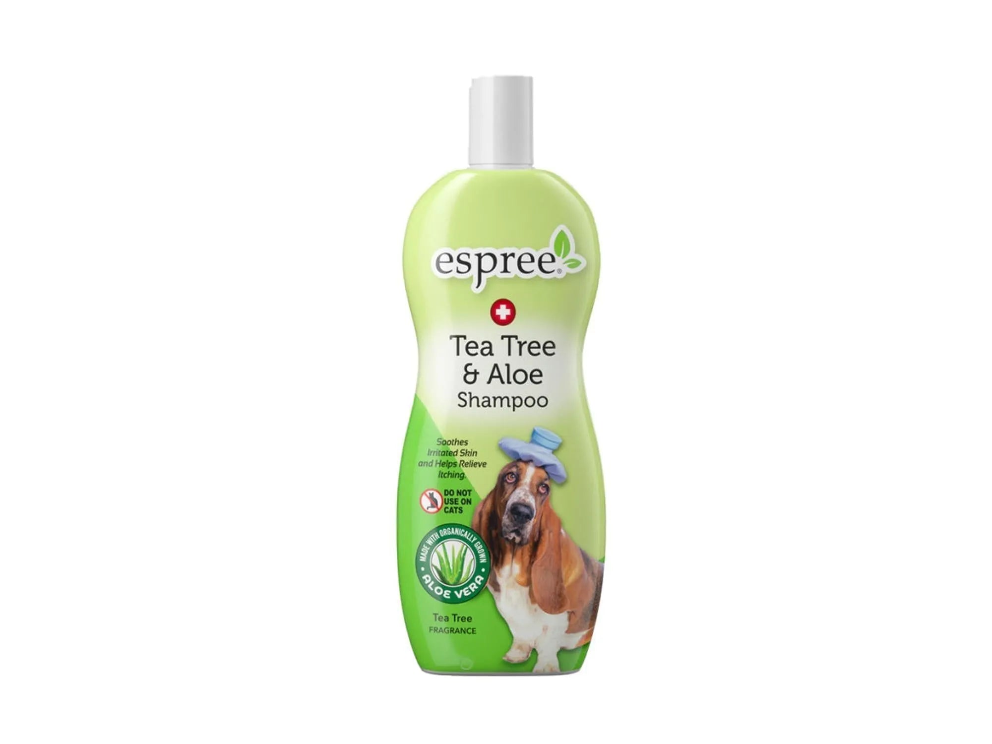 Espree Tea Tree & Aloe Shampoo 355ml for hunder, grønn flaske med basset hound.
