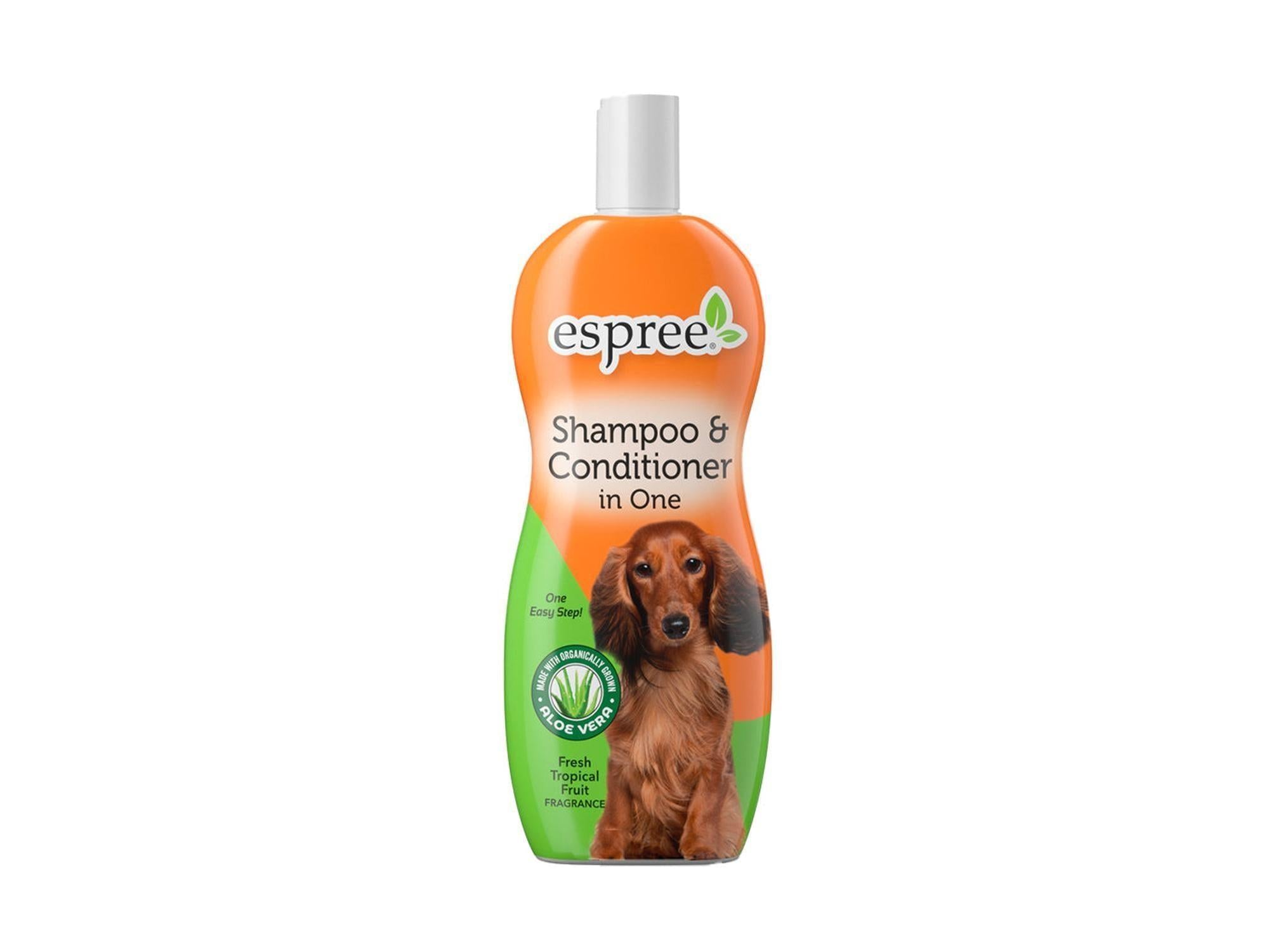 Espree Two in One Shampoo & Conditioner 355ml flaske med oransje og grønn etikett, viser en dachshund.