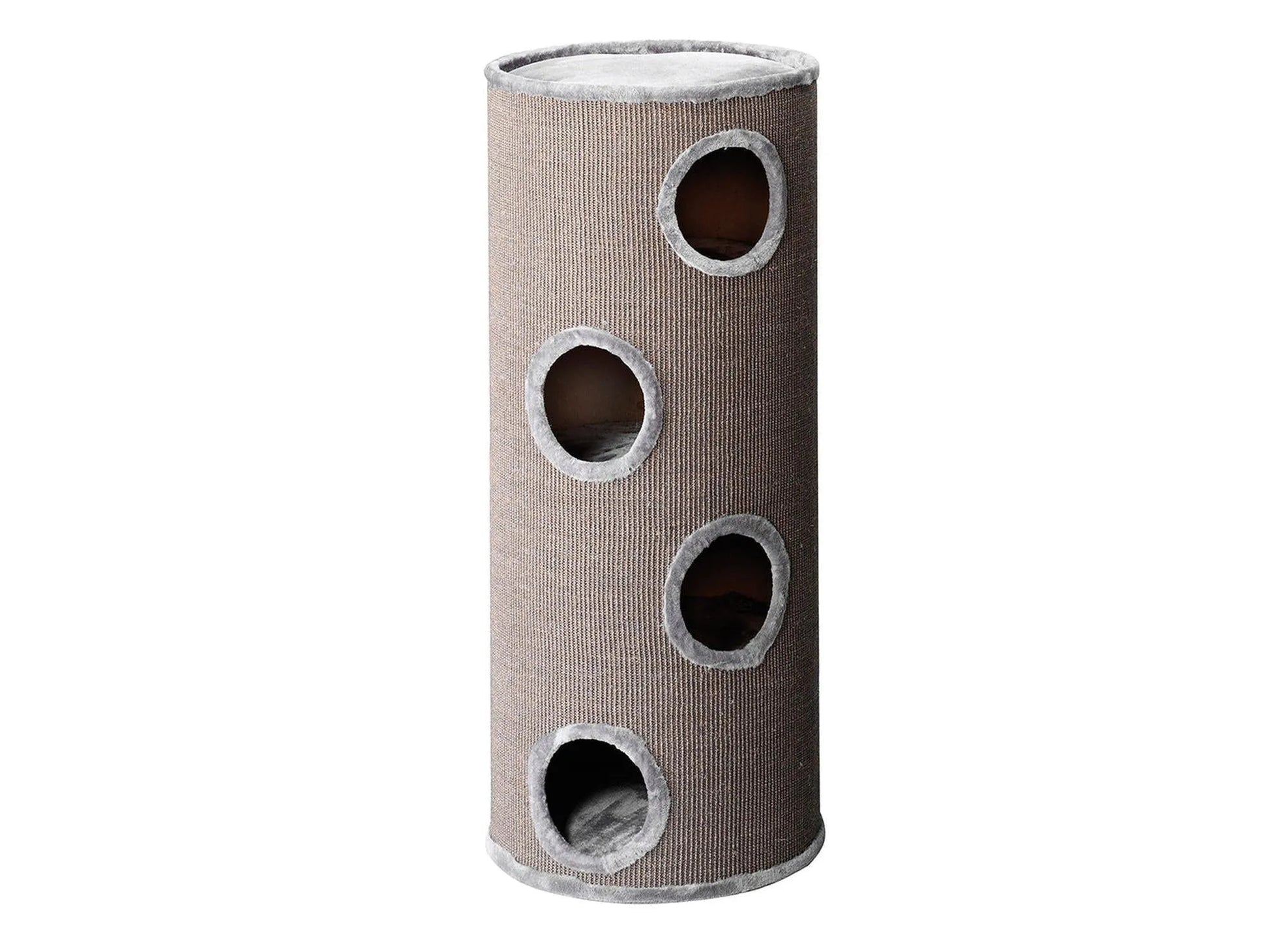 Lysegrå Extreme 120 Cat Tower kloremøbel med sisaloverflate og fire runde innganger.