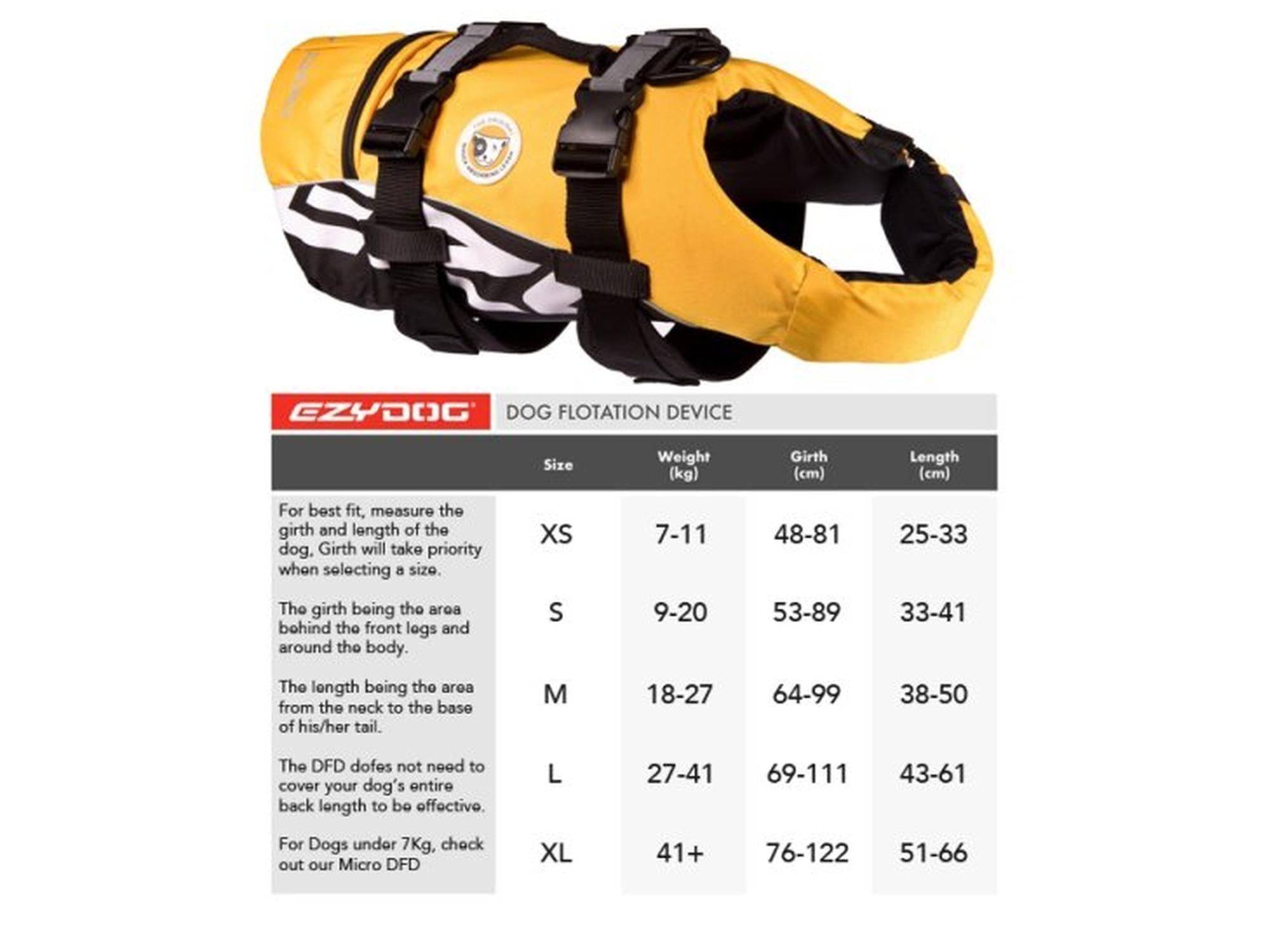 Gul EzyDog Flytevest M for hunder 18-27kg, med svarte stropper og refleksdetaljer.