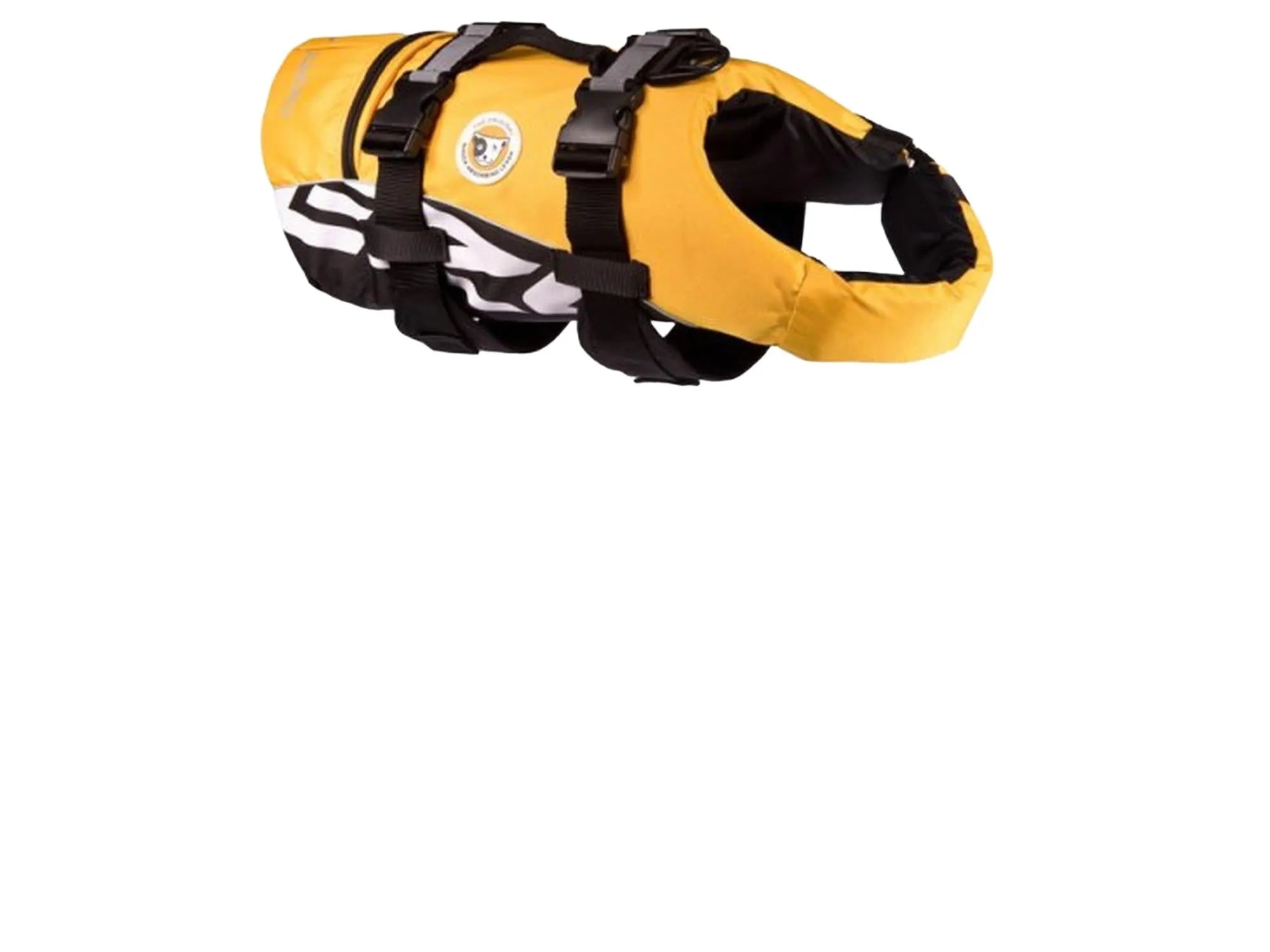 Gul EzyDog Flytevest M for hunder 18-27kg, med svarte stropper og refleksdetaljer.