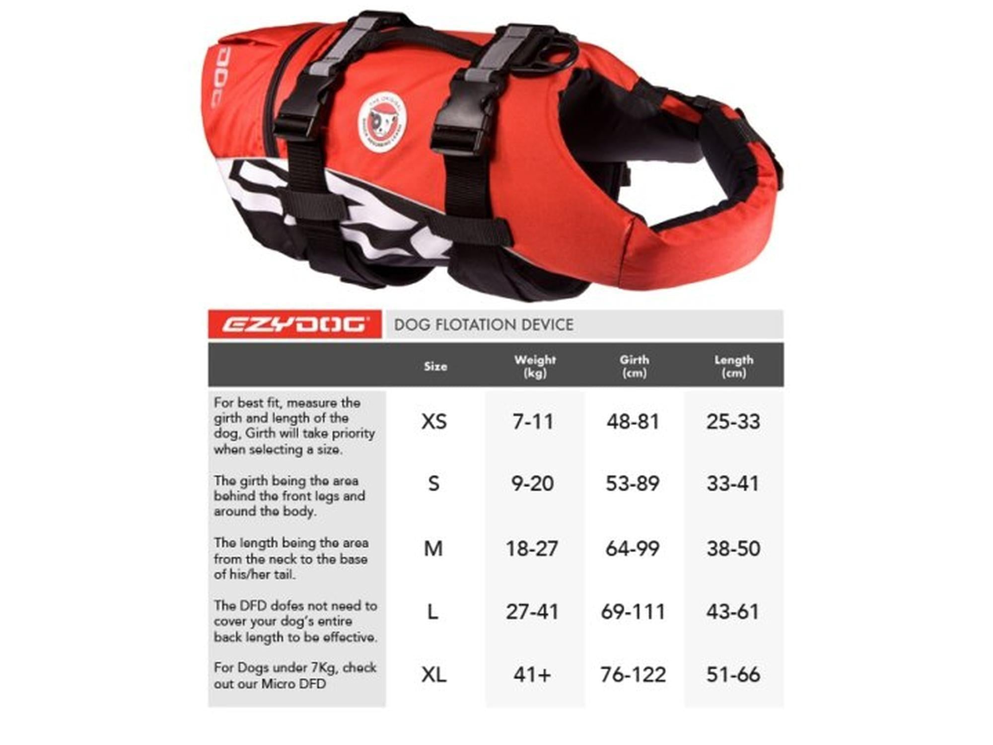 Rød EzyDog Flytevest M for hunder 18-27kg, med svarte stropper og hvite detaljer.