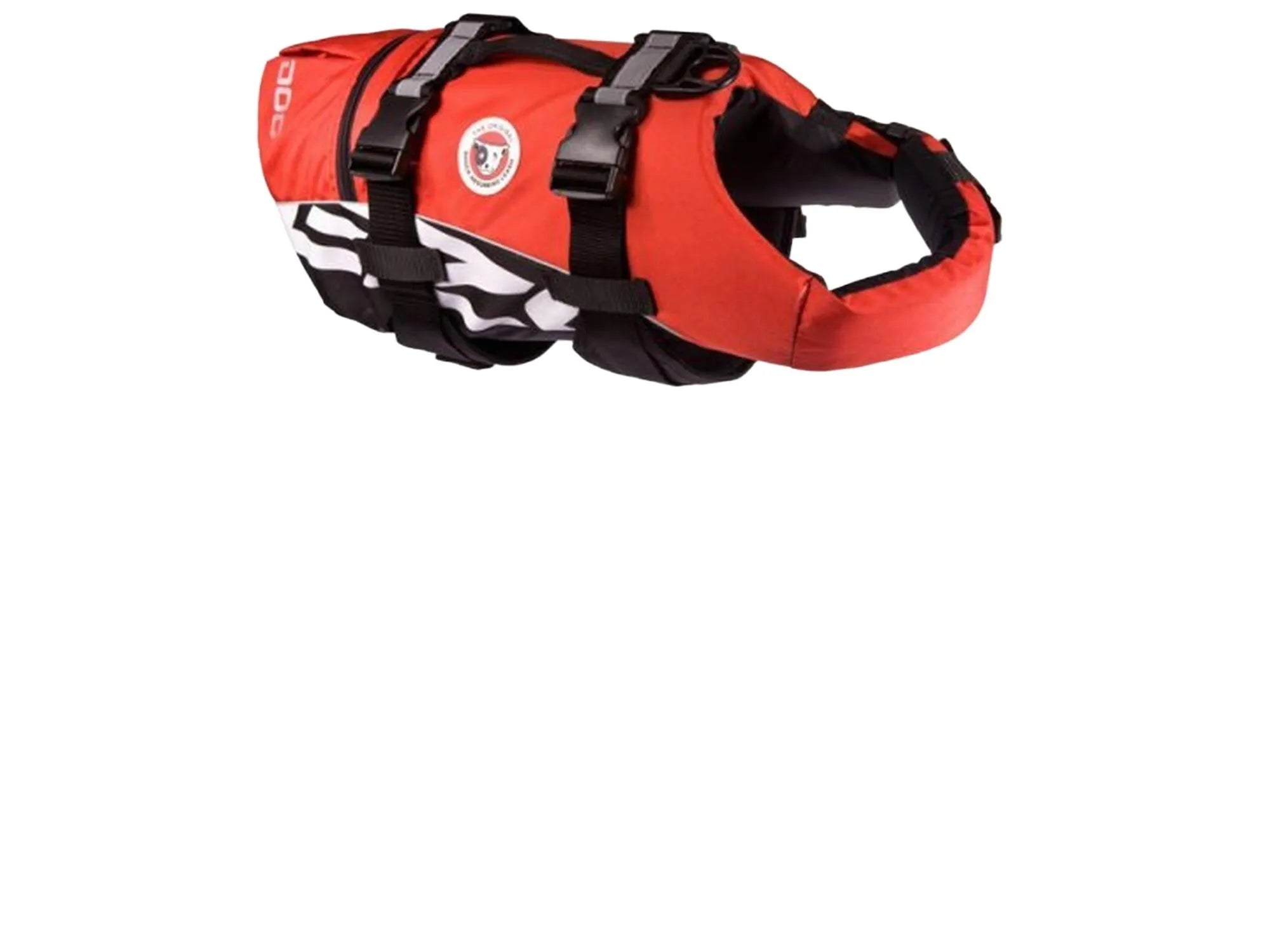Rød EzyDog Flytevest M for hunder 18-27kg, med svarte stropper og hvite detaljer.