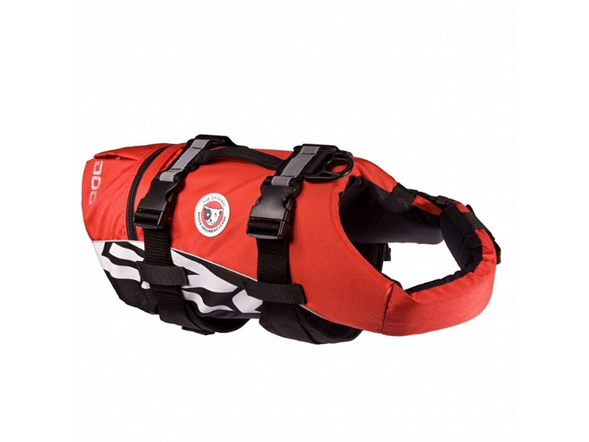 Rød EzyDog Flytevest M for hunder 18-27kg, med reflekser, håndtak og justerbare stropper.