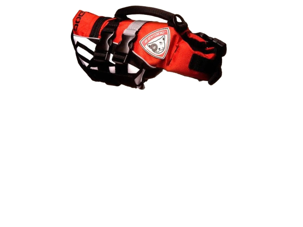 Rød EzyDog Flytevest XS for hunder opptil 7kg, med håndtak og reflekser.