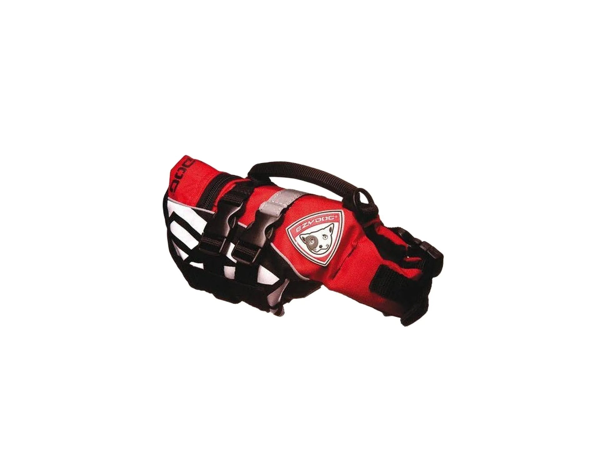Rød EzyDog Flytevest XS for hund med svart håndtak, reflekser og logo.
