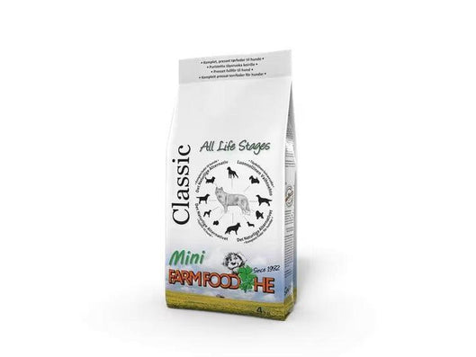 Hvit sekk med Farm Food HE Classic Mini hundefôr, dekorert med hundesilhuetter og grønn logo på hvit bakgrunn.