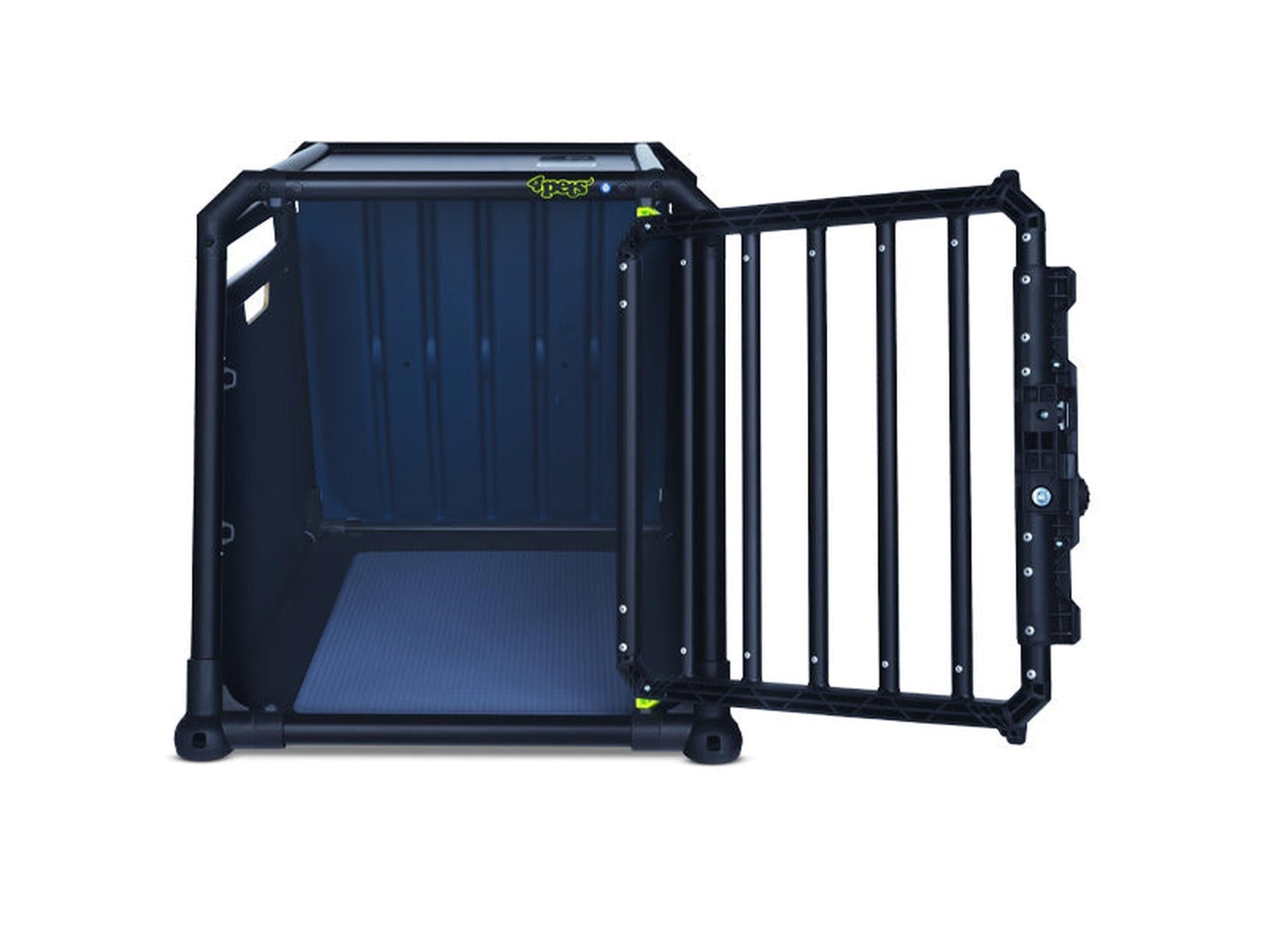 Ferdig montert 4pets PRO Noir 1 Small hundebur i svart aluminium med åpen dør og blå bakvegg.
