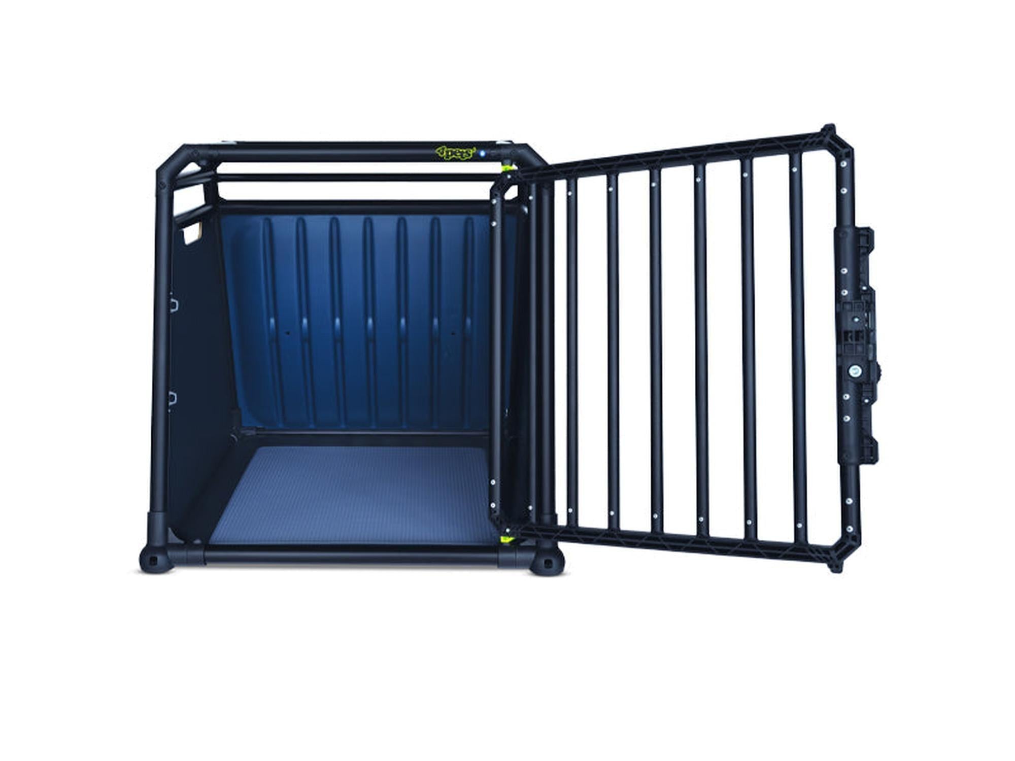 Svart 4pets PRO Noir 3 Medium hundebur i aluminium med åpen dør og blå innside.